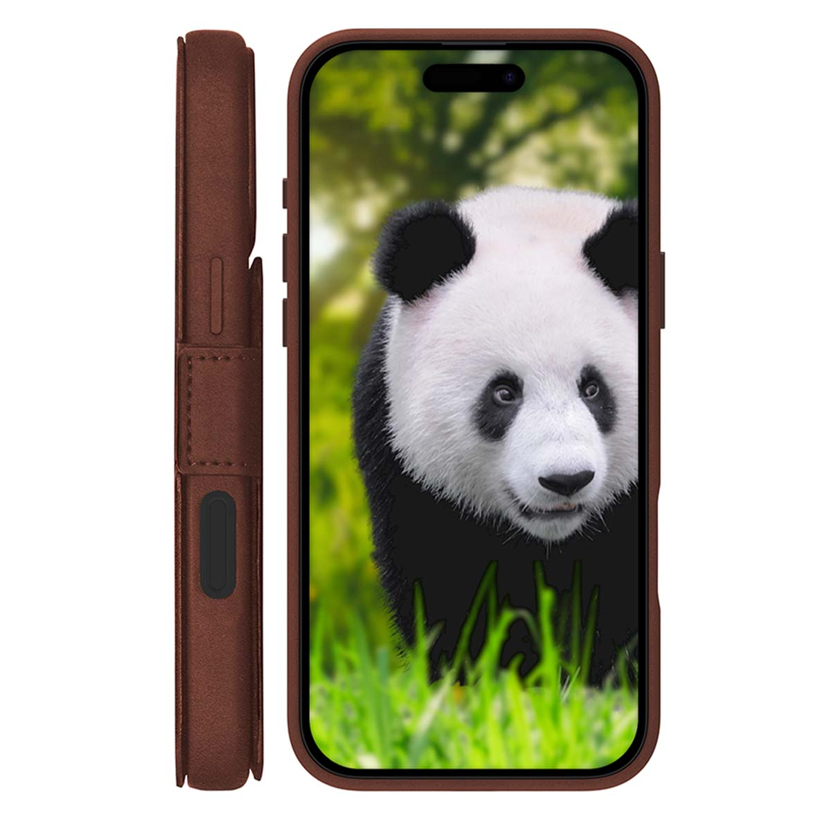 Una custodia per telefono con un'immagine di panda sullo schermo, custodia marrone. Il panda è nell'erba verde. La custodia è aperta.