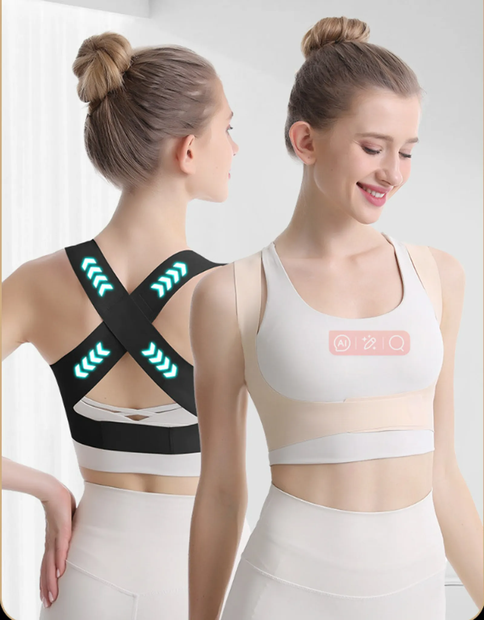 Zwei Frauen tragen Haltungskorrektoren. Einer ist schwarz mit Lichtern, der andere beige. Beide haben ihre Haare hochgesteckt. Sie tragen weiße Hosen.