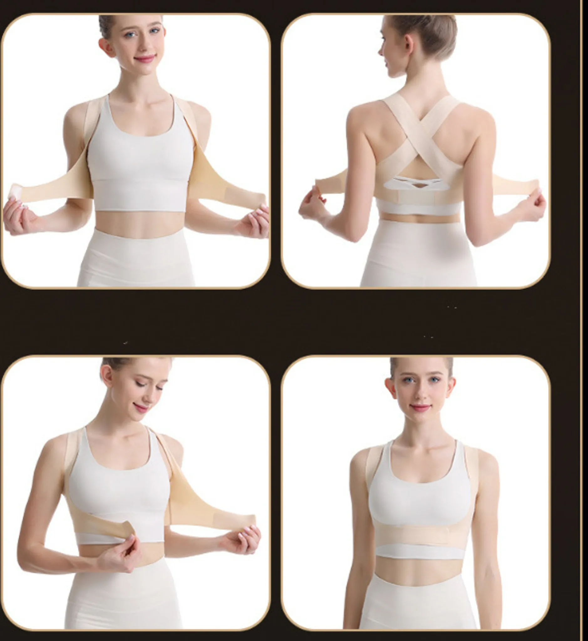 Das Bild zeigt eine Frau, die eine beige Haltungskorrektur trägt. Sie trägt einen weißen Sport-BH und Leggings.