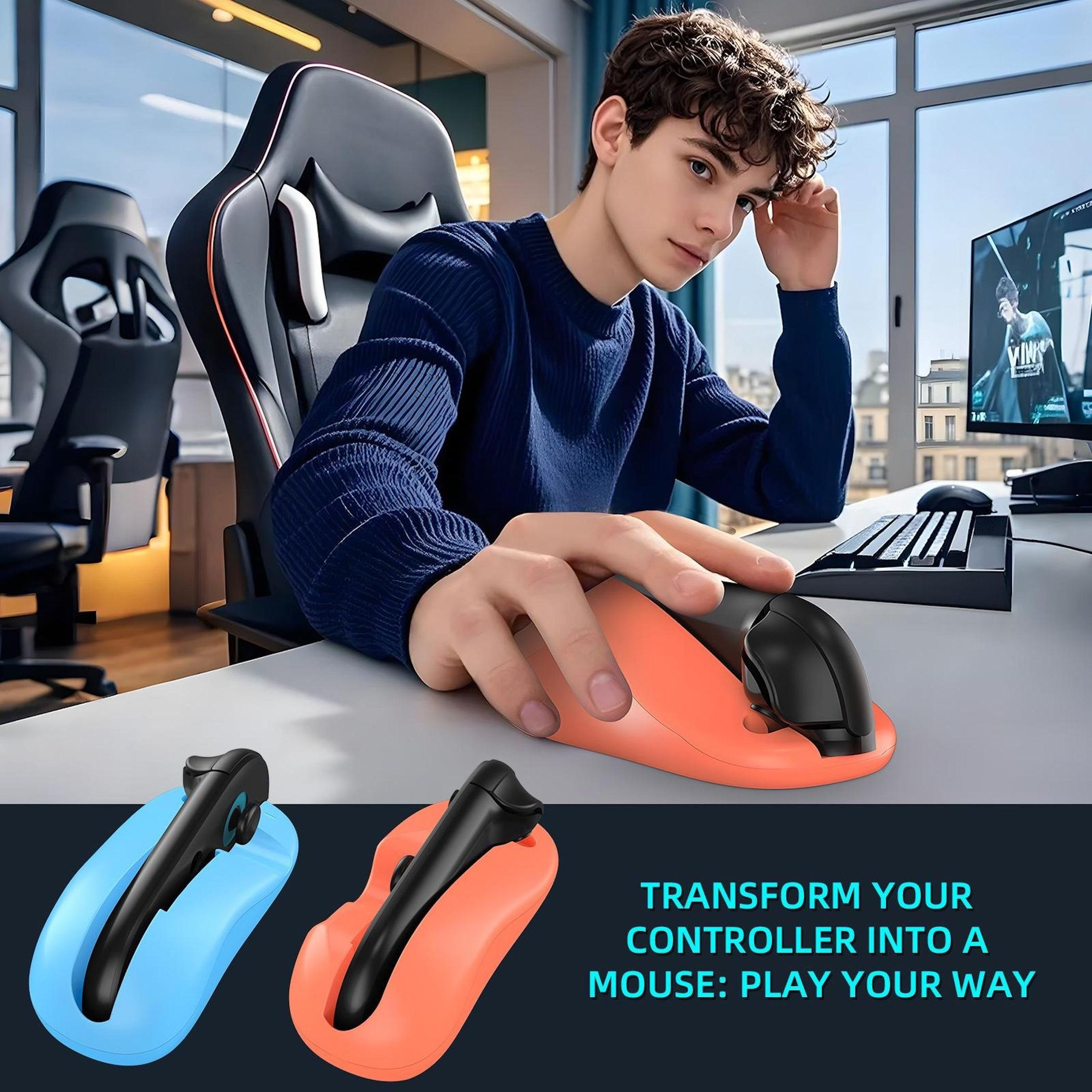 Persona usando un controlador transformado en ratón. Configuración: escritorio, monitor, silla gaming y opciones de ratón.