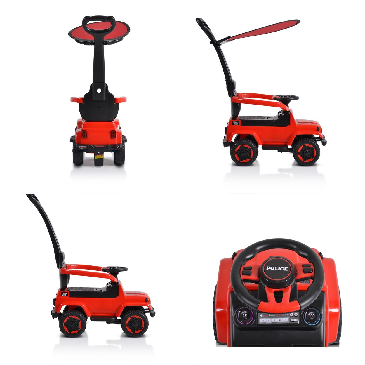 Ein rotes Spielzeugauto mit schwarzen Rädern und einem Schiebegriff. Es hat ein schwarzes Lenkrad und ein rotes Sonnensegel. Das Wort 'POLIZEI' steht darauf.