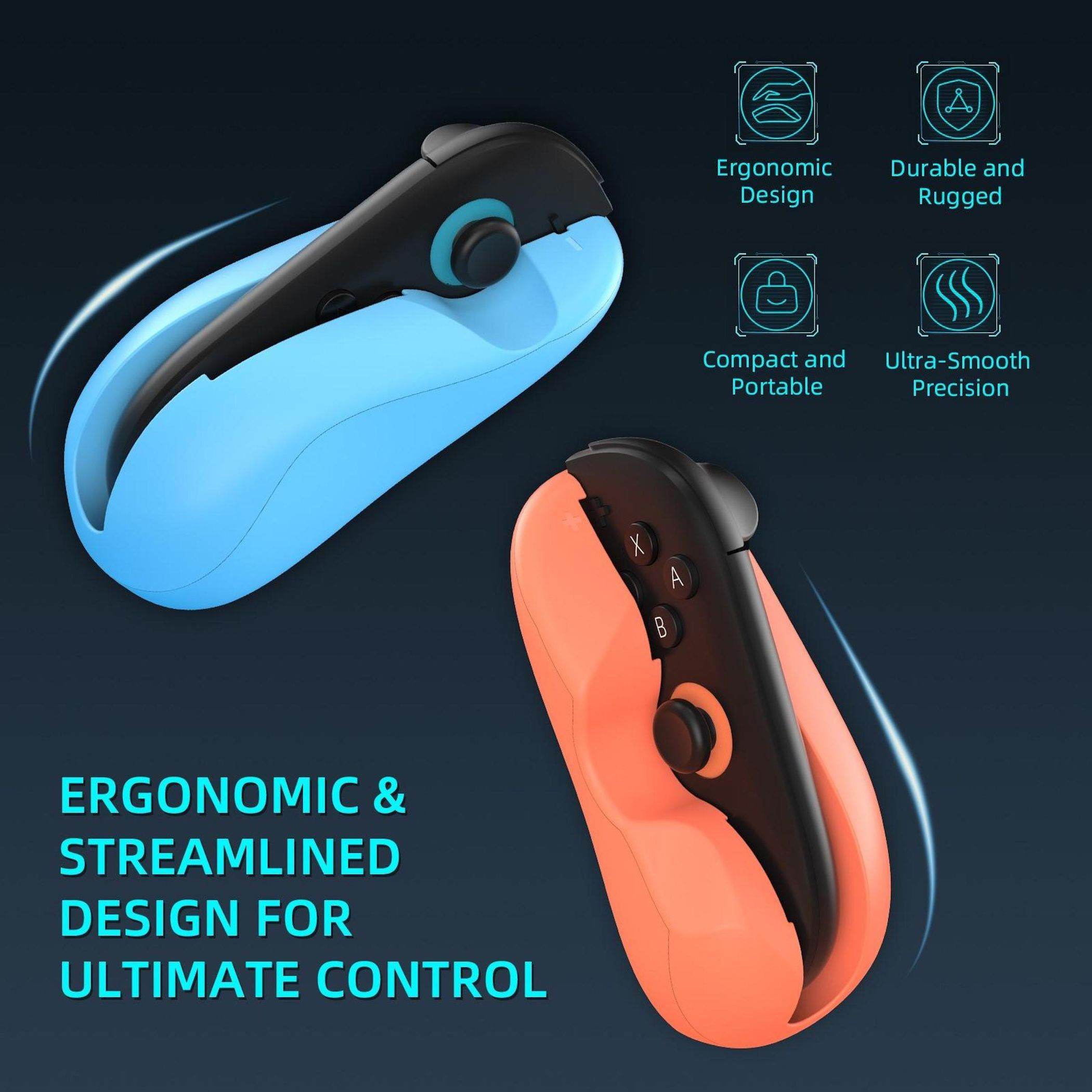 La imagen muestra dos mandos de juego, azul y naranja. El texto destaca el diseño ergonómico y el control definitivo.