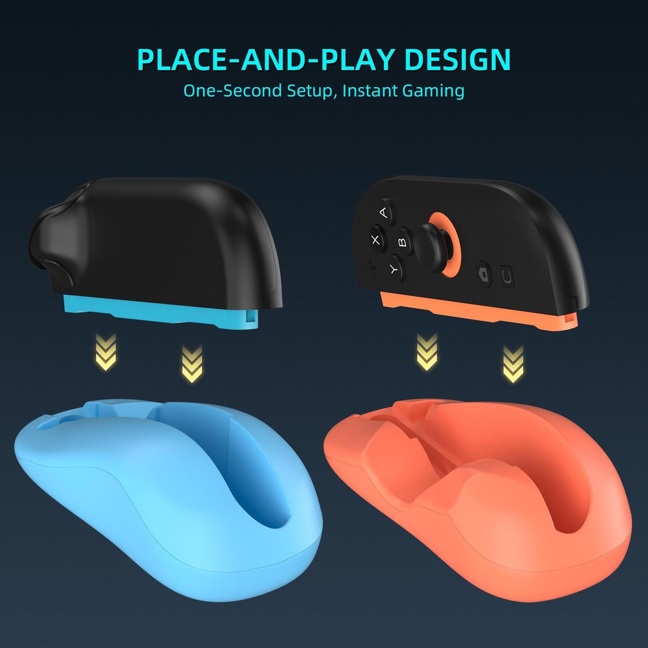Dos partes de mando, negro y naranja encima de bases azules y naranjas. Texto: 'Place-and-Play Design'.