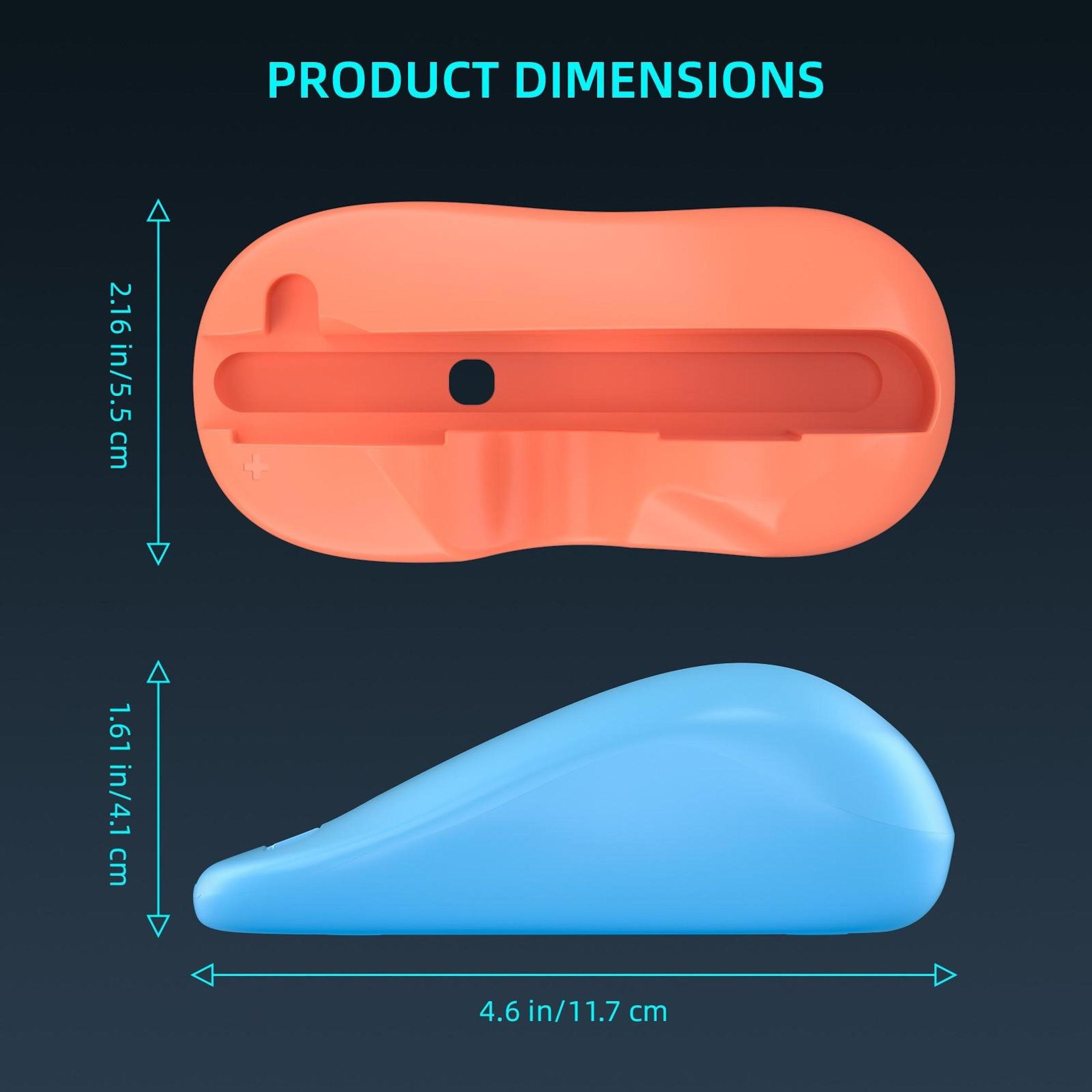 La imagen muestra las dimensiones del producto. Una pieza superior naranja con una pieza inferior azul, ambas mostrando medidas en pulgadas y cm.