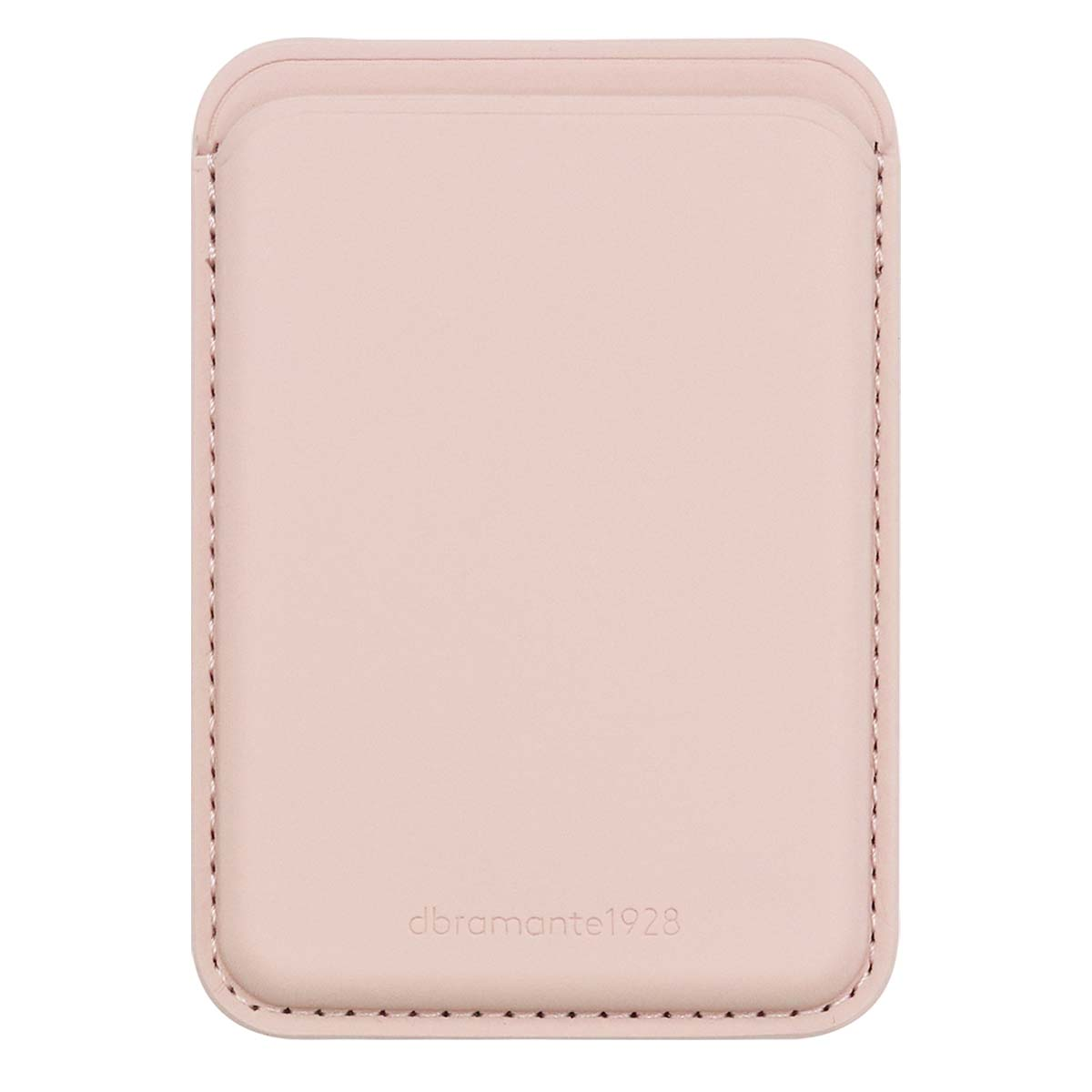 Un porta carte in pelle rosa chiaro con bordi cuciti. Il marchio, dbramante1928, è stampato in basso.