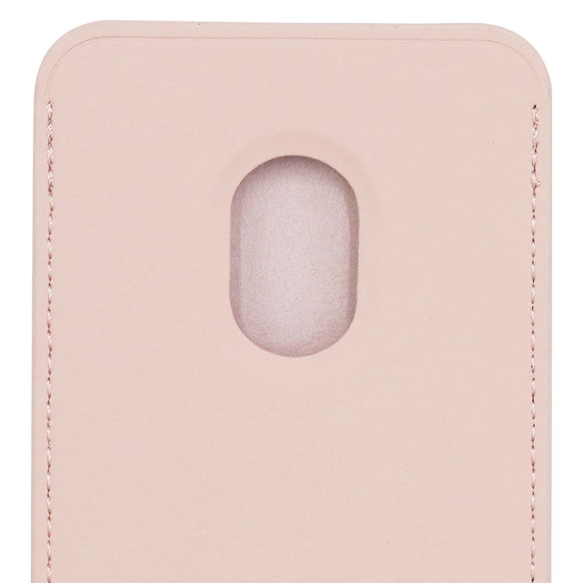 Primo piano di un porta carte in pelle rosa con un ritaglio ovale centrale. Cuciture visibili sui bordi e angoli arrotondati.