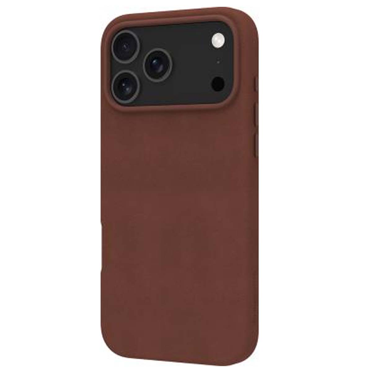 Una custodia per telefono marrone con un modulo fotocamera nero e tre obiettivi. La custodia è rettangolare e copre la parte posteriore e i lati del telefono.