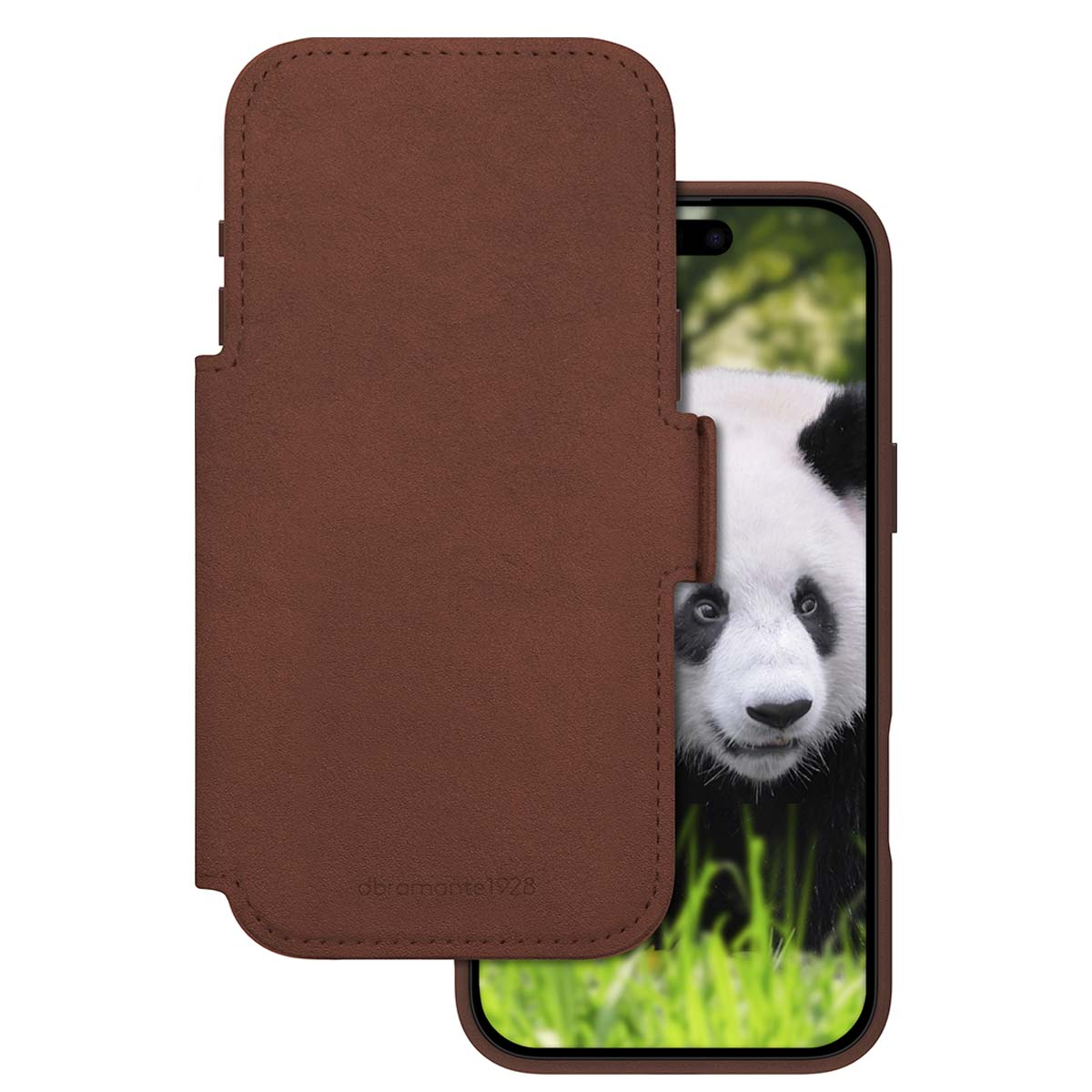 Una custodia in pelle marrone copre parzialmente un telefono che mostra un panda. Il panda ha pelliccia bianca e nera, su sfondo verde.