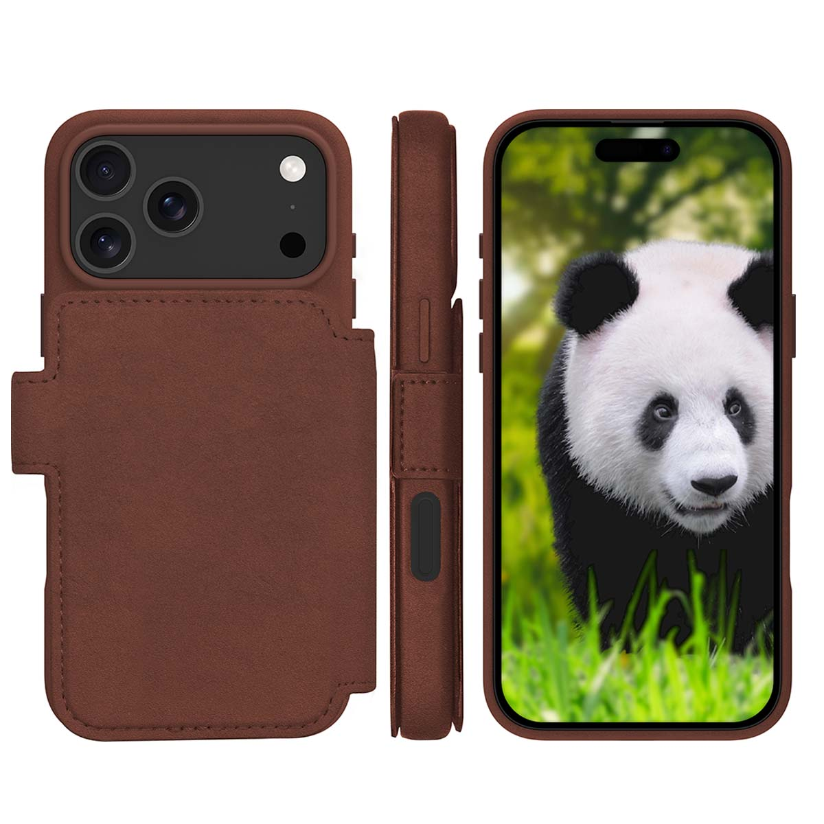 Custodia marrone per telefono con un panda sullo schermo. La custodia è aperta, mostrando il telefono e l'orso nell'erba.
