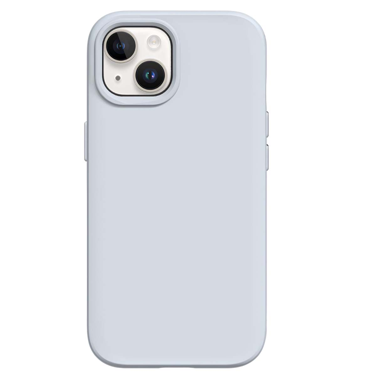 Una custodia per iPhone azzurra su sfondo bianco. Ha un ritaglio per la fotocamera con due lenti.