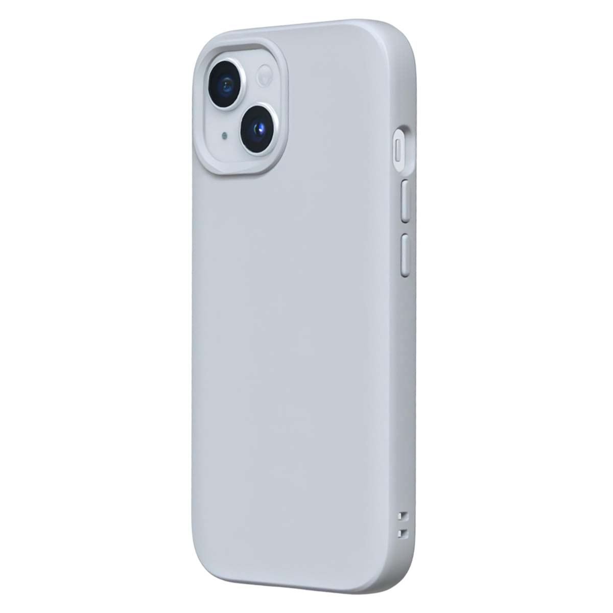 Una custodia grigio chiaro per telefono con modulo fotocamera a doppia lente. Pulsanti di accensione e volume visibili.