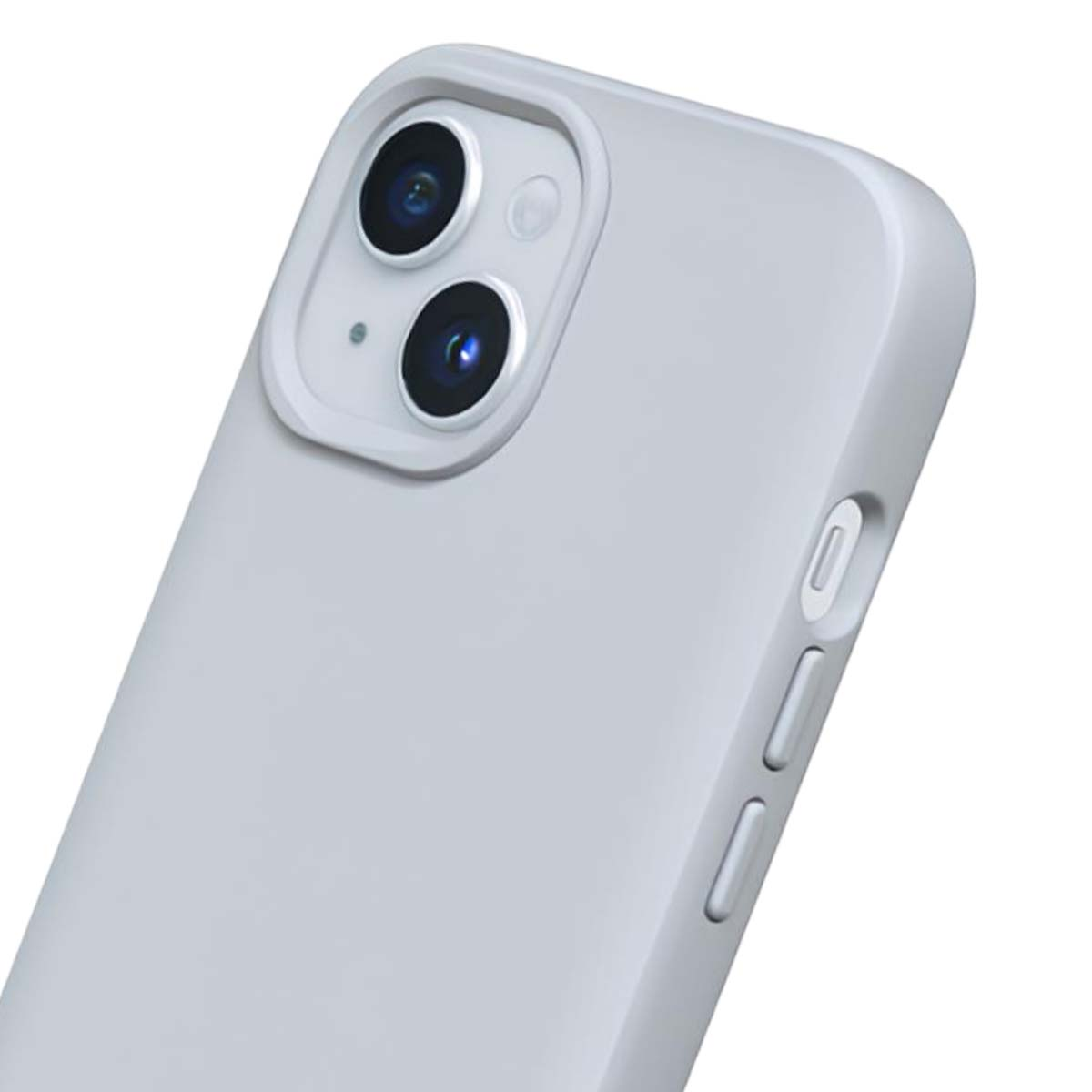 Primo piano di una custodia per telefono grigio chiaro, che mostra gli obiettivi della fotocamera e i pulsanti laterali. Lo sfondo è bianco.