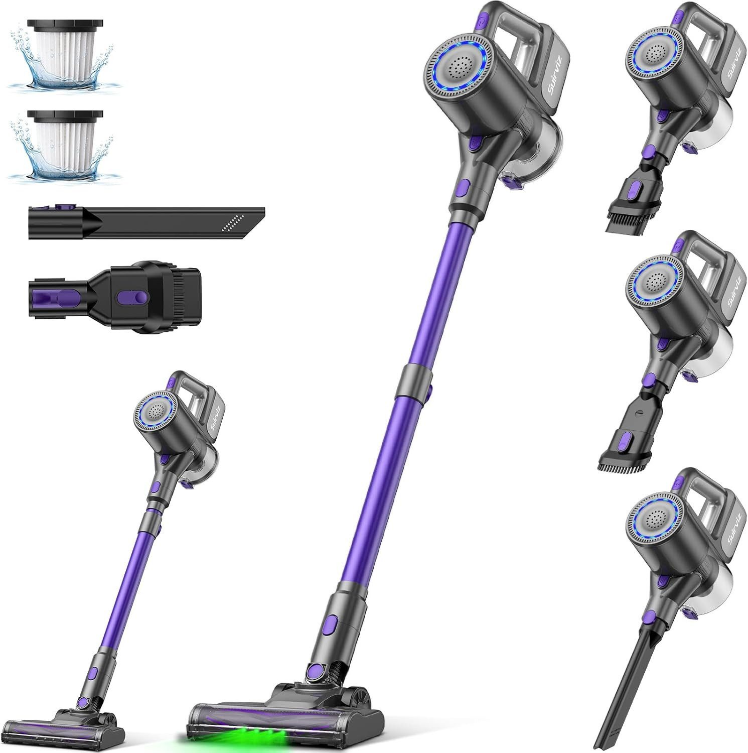 Un aspirapolvere senza fili con accessori e filtri. L'aspirapolvere è viola e grigio. Vengono mostrate varie angolazioni e componenti.