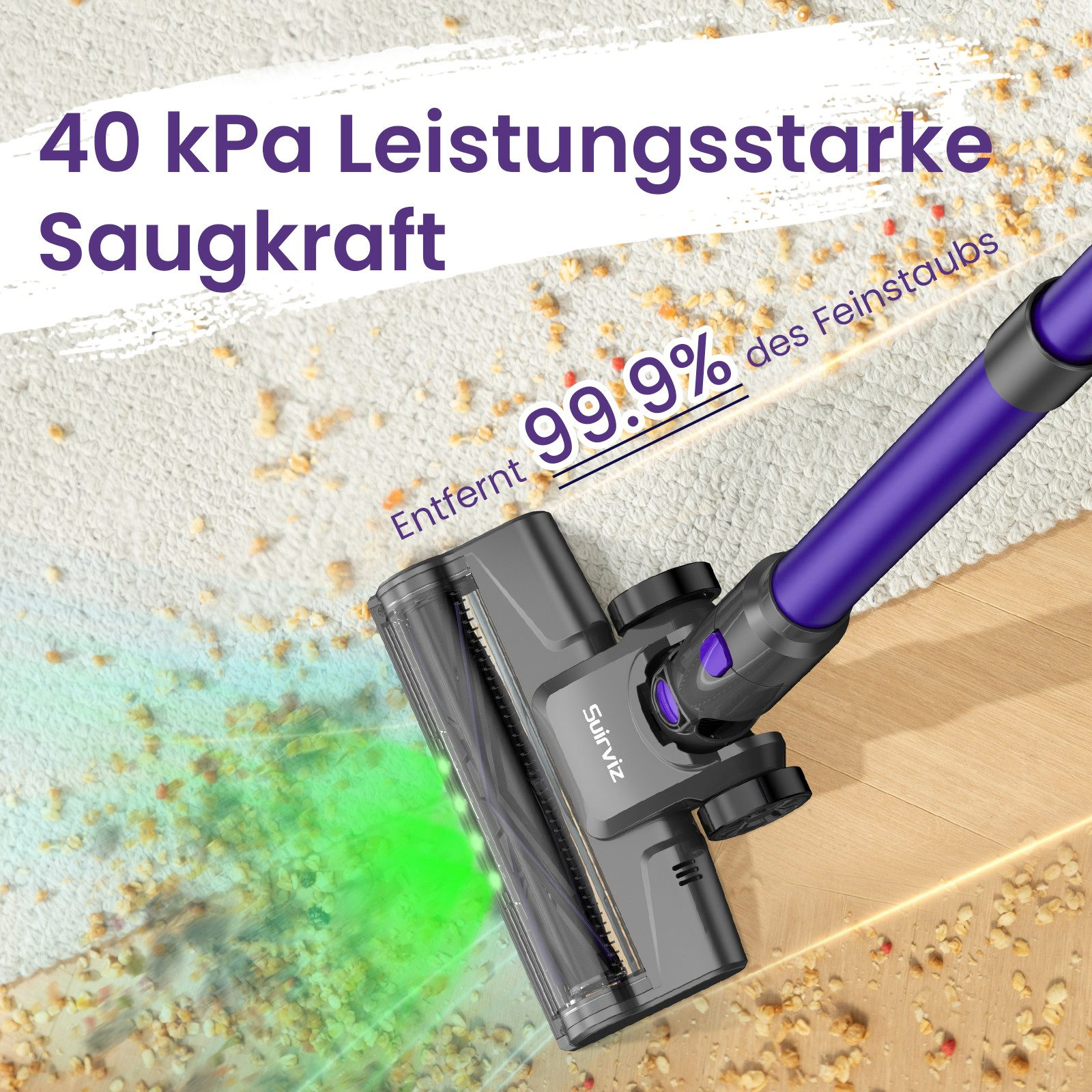 Aspirapolvere su tappeto, rimuove i detriti. Testo: 40 kPa di aspirazione e rimuove il 99,9% della polvere sottile. Viola e grigio.
