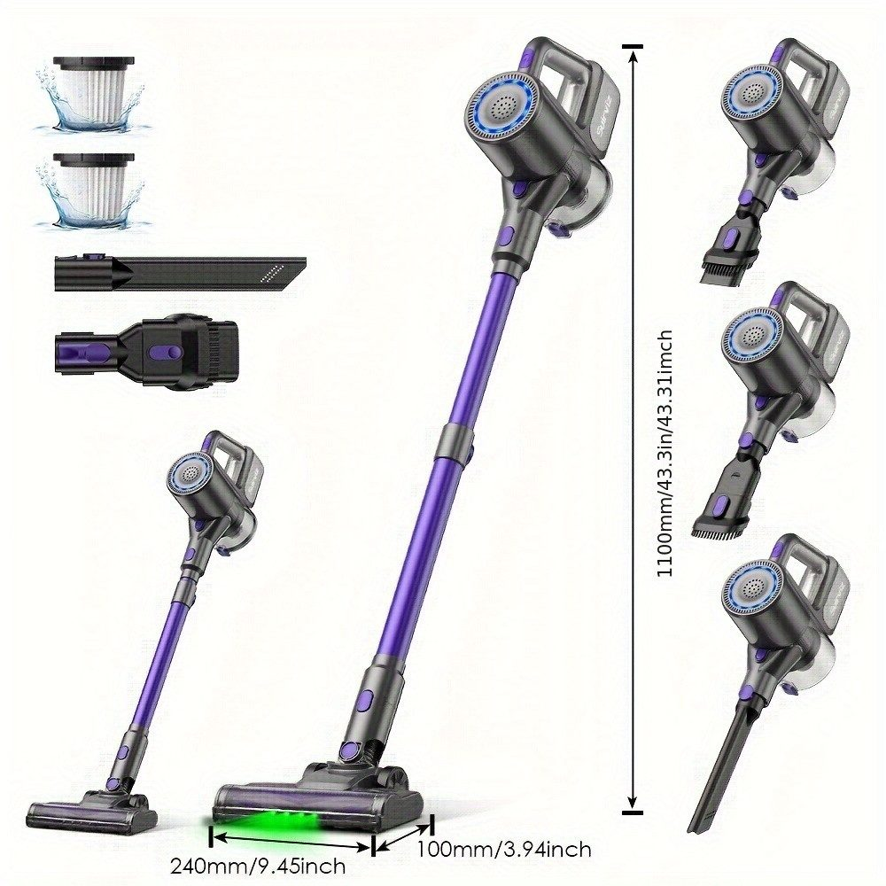 Un aspirapolvere senza fili viola e grigio con accessori e dimensioni. Sono mostrati anche filtri e ugelli.