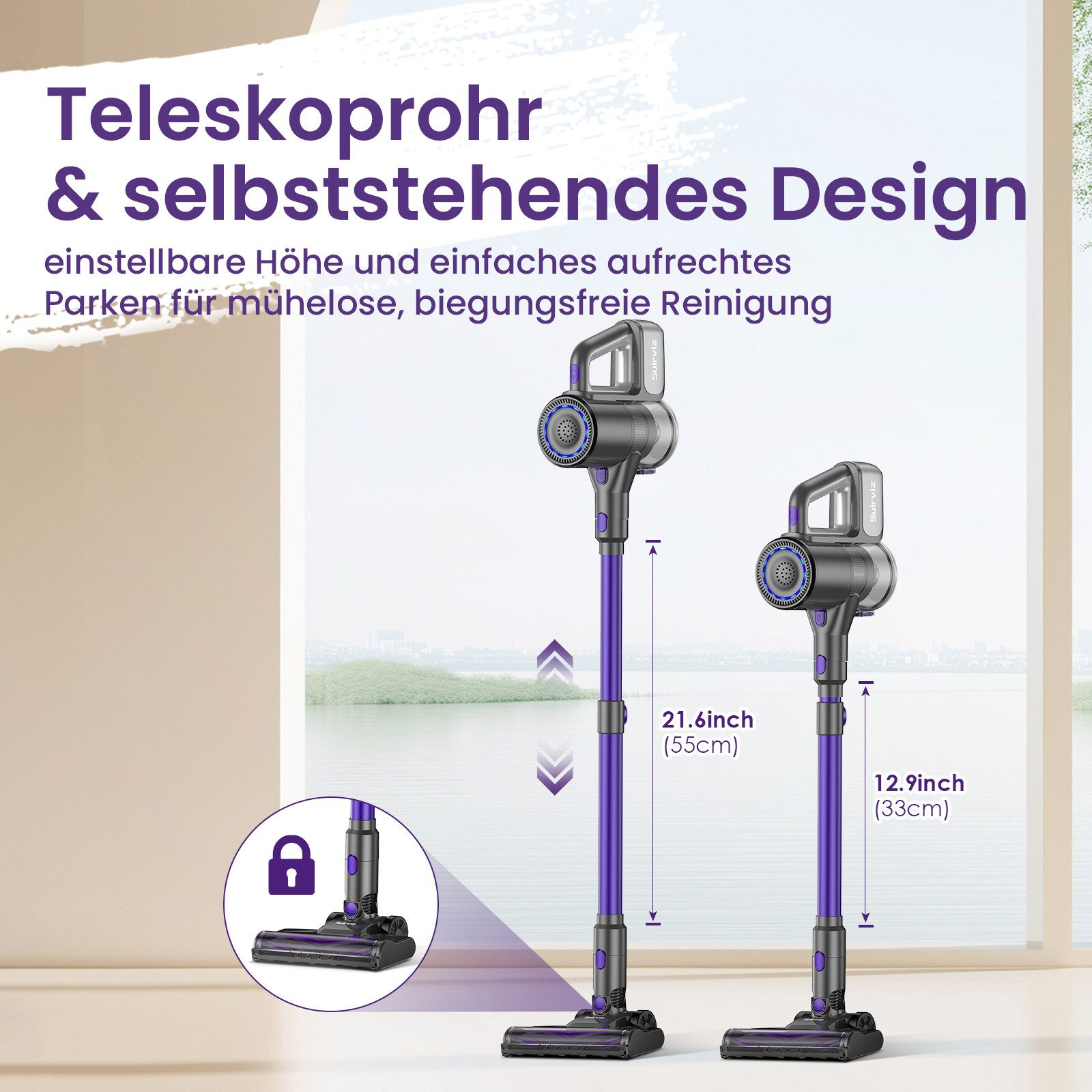 Immagine di due aspirapolvere verticali con dettagli viola. Il testo descrive le caratteristiche del prodotto.