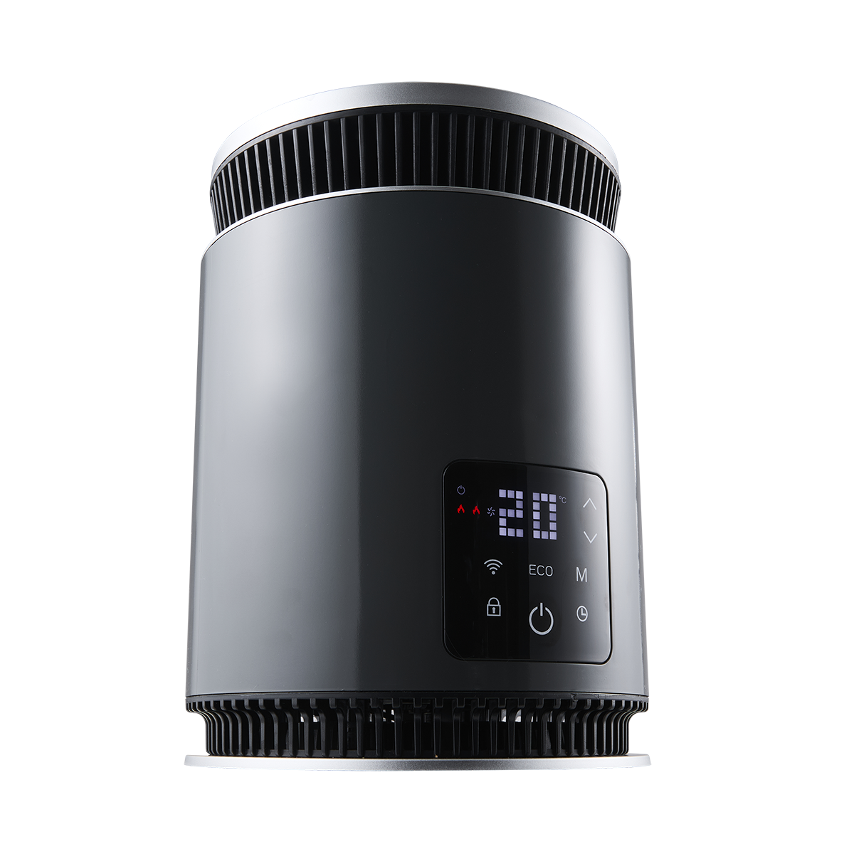 Un purificatore d'aria cilindrico grigio scuro con display digitale che mostra 20°C. Ha prese d'aria in alto e in basso con bordo argentato.