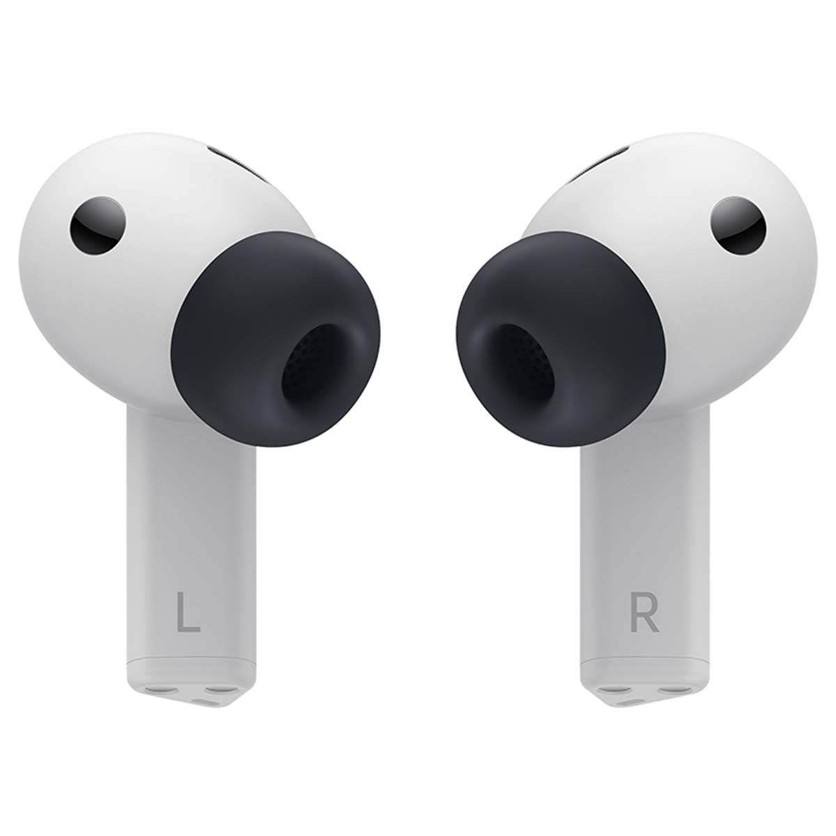 Wyświetlane są dwie biało-czarne bezprzewodowe słuchawki. Lewa słuchawka ma 'L', a prawa 'R' na trzonkach.