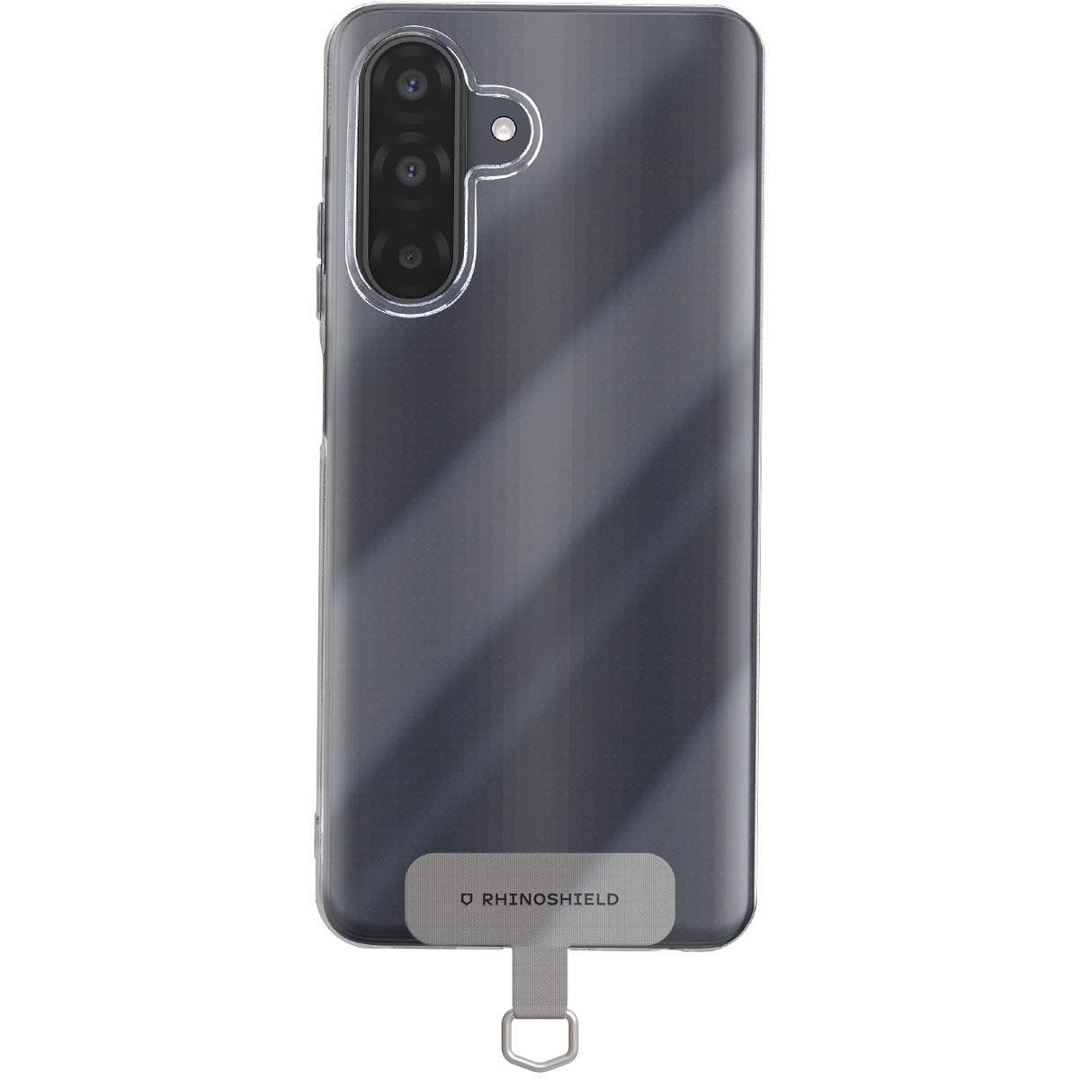 Una custodia trasparente per telefono con modulo fotocamera. Ha un'etichetta RhinoShield con cinturino e anello metallico.