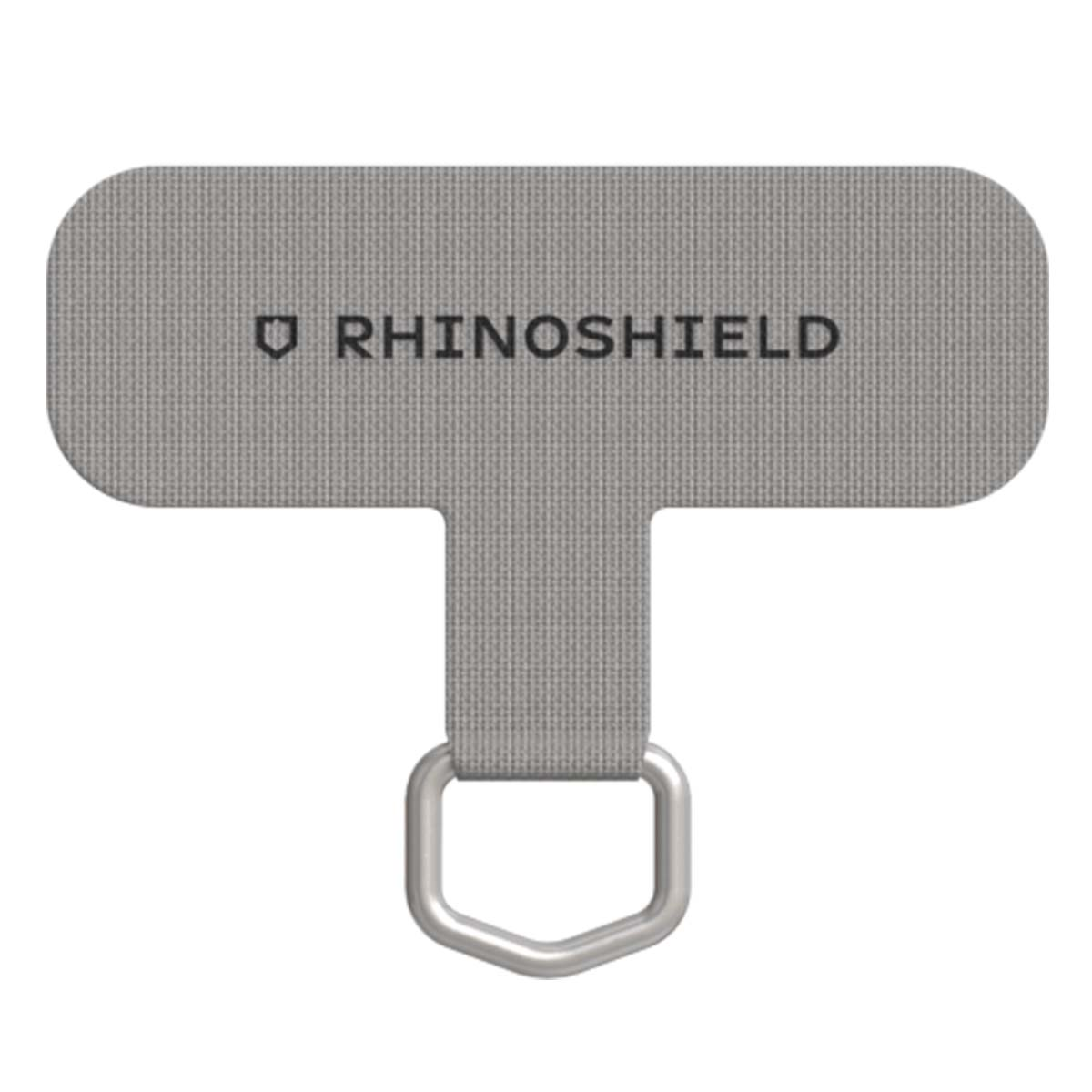 Un'impugnatura grigia Rhinoshield per telefono con anello in metallo. Il marchio è stampato sul corpo dell'impugnatura. Sfondo bianco.