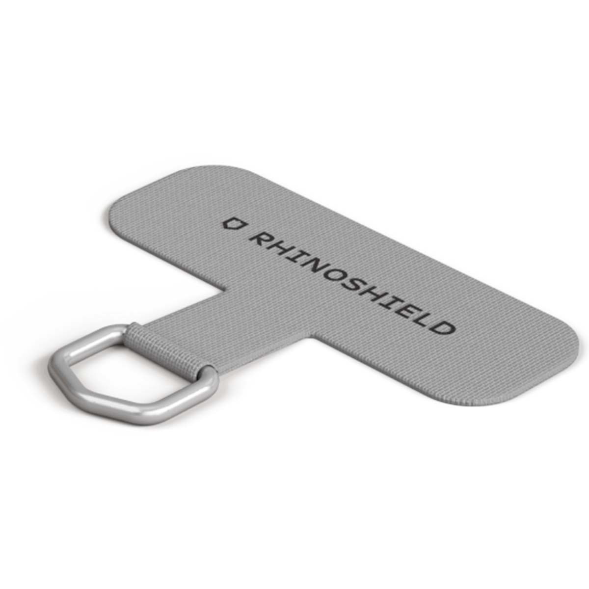 Un accessorio grigio per telefono con la scritta RHINOSHIELD, un anello di metallo è attaccato alla base. Sfondo bianco.