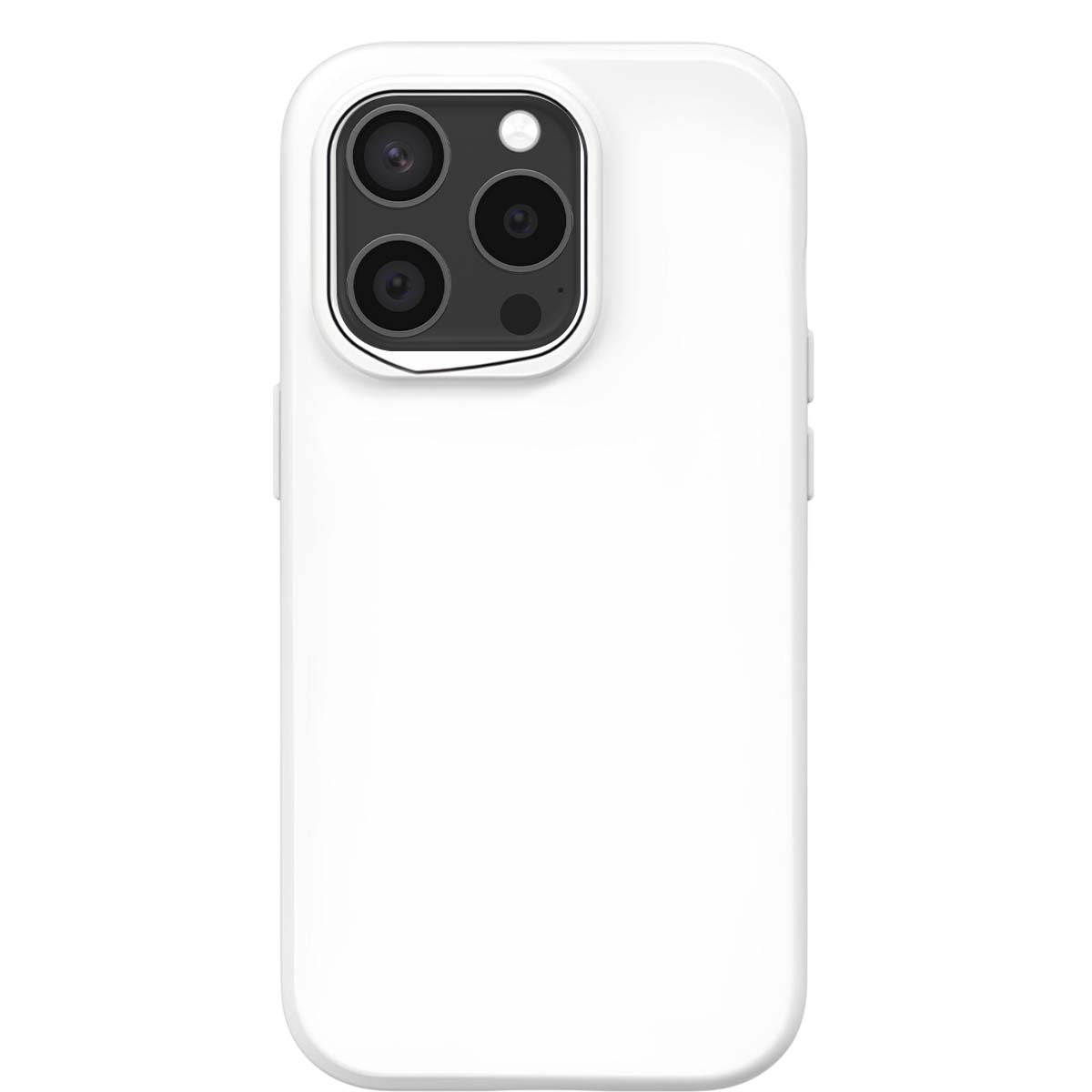 Una custodia bianca per iPhone con un modulo fotocamera a tripla lente. La custodia è liscia e pulita, con un design semplice e moderno.