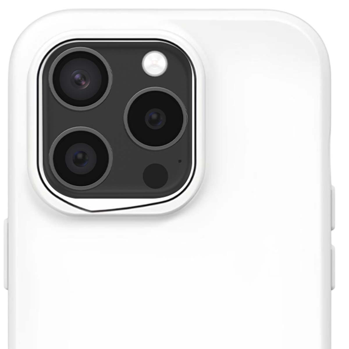 Primo piano di una custodia bianca per telefono con modulo fotocamera. Il modulo ha tre obiettivi, un flash e un design bianco e nero.