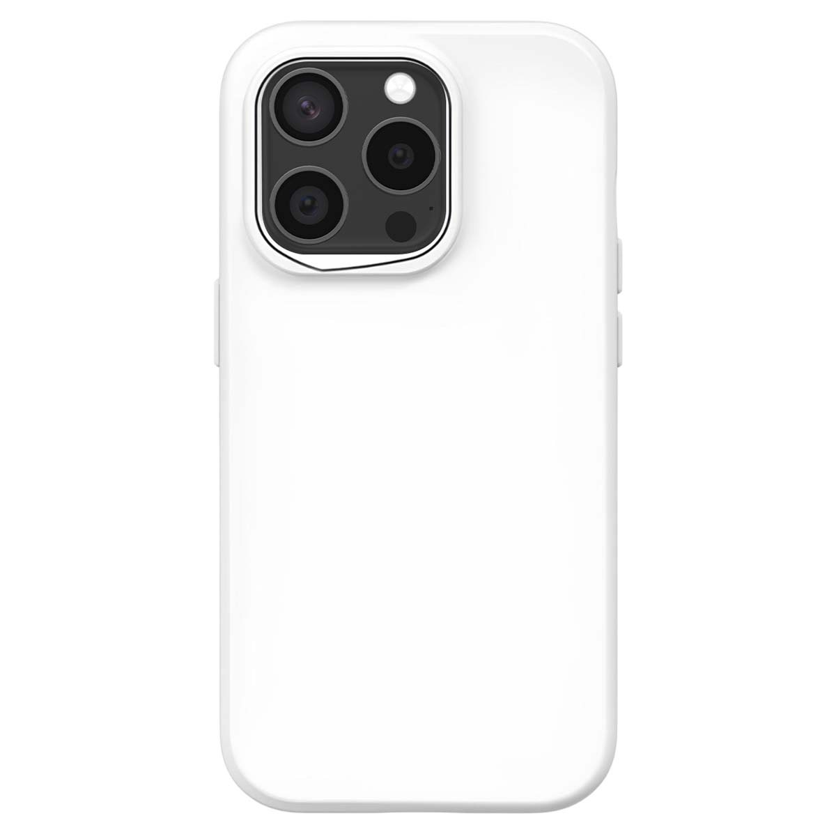 Una custodia bianca per telefono con tre obiettivi e un flash. La custodia è semplice e pulita, con superficie liscia.