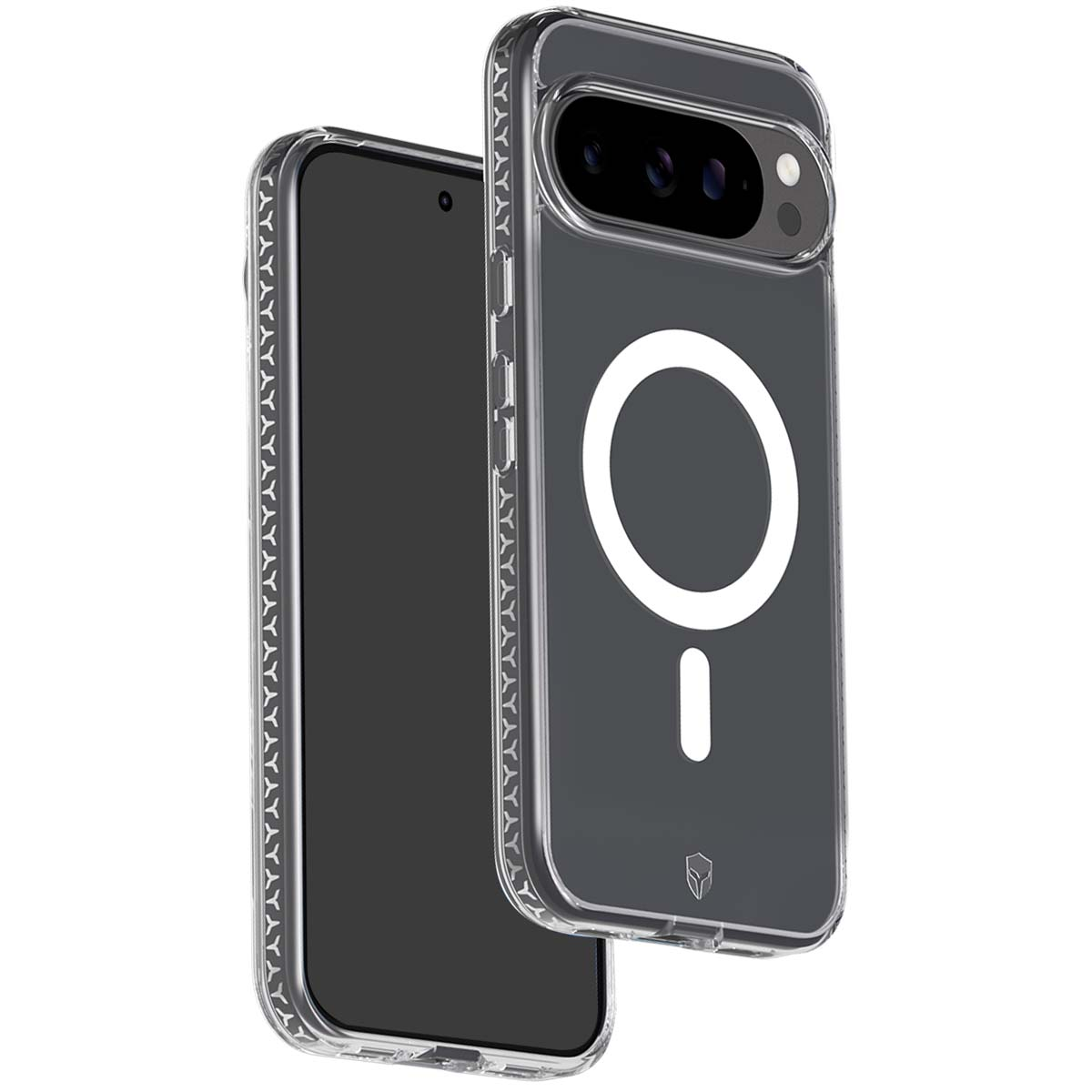 Una custodia trasparente per telefono con un design circolare bianco e uno smartphone. La custodia è trasparente e mostra il retro del telefono.