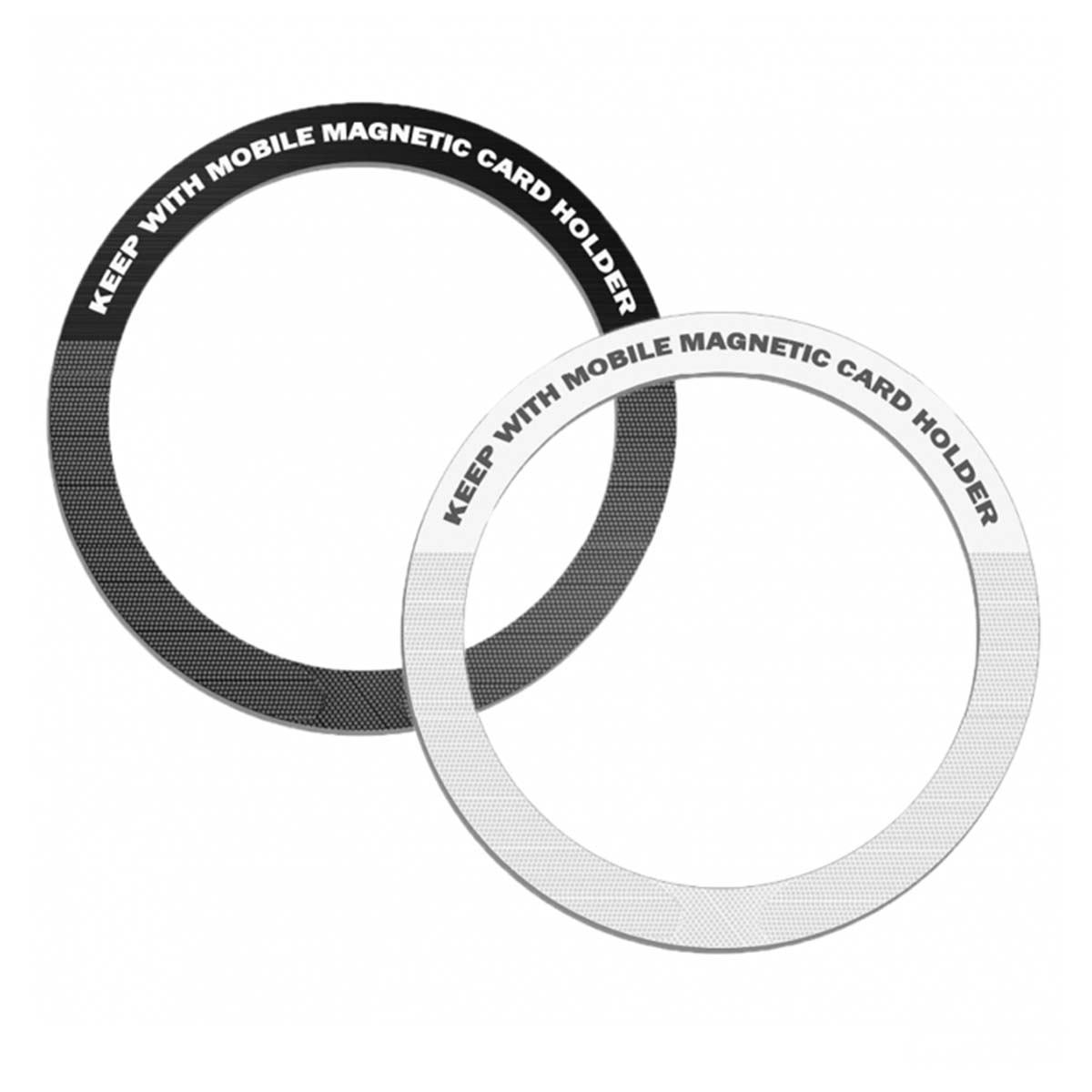 Due porta carte magnetiche mobili circolari sovrapposti. Uno nero, uno bianco, entrambi con testo: KEEP WITH MOBILE MAGNETIC CARD HOLDER.