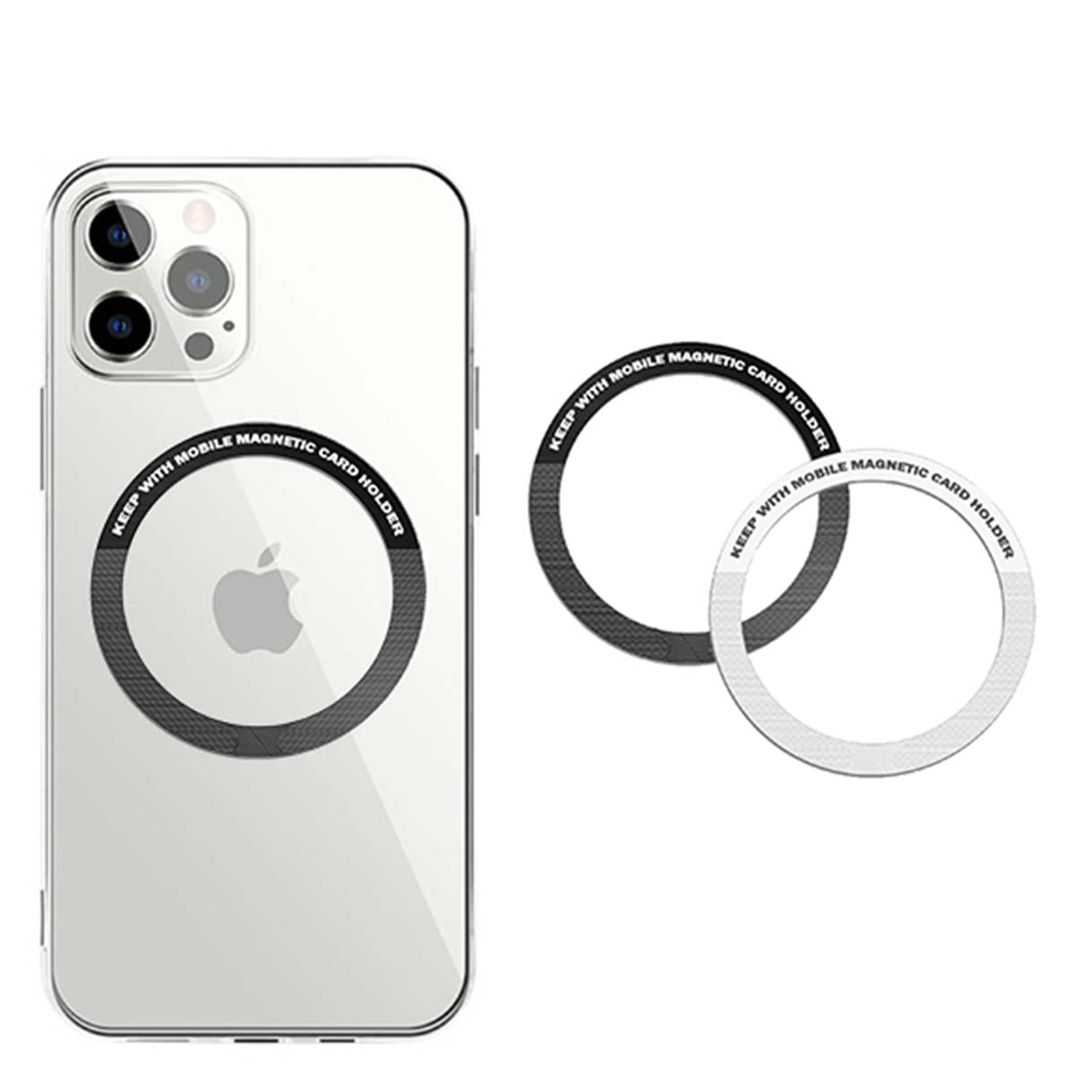 Un iPhone con un porta carte magnetico e due porta carte aggiuntivi in bianco e nero, su sfondo bianco.