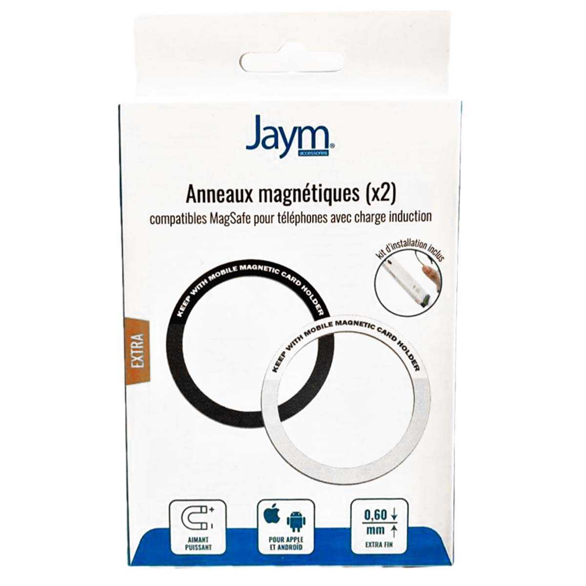 Una confezione di prodotto mostra anelli magnetici per telefoni. Il marchio è Jaym. Il testo include 'anelli magnetici' e 'compatibile MagSafe'.