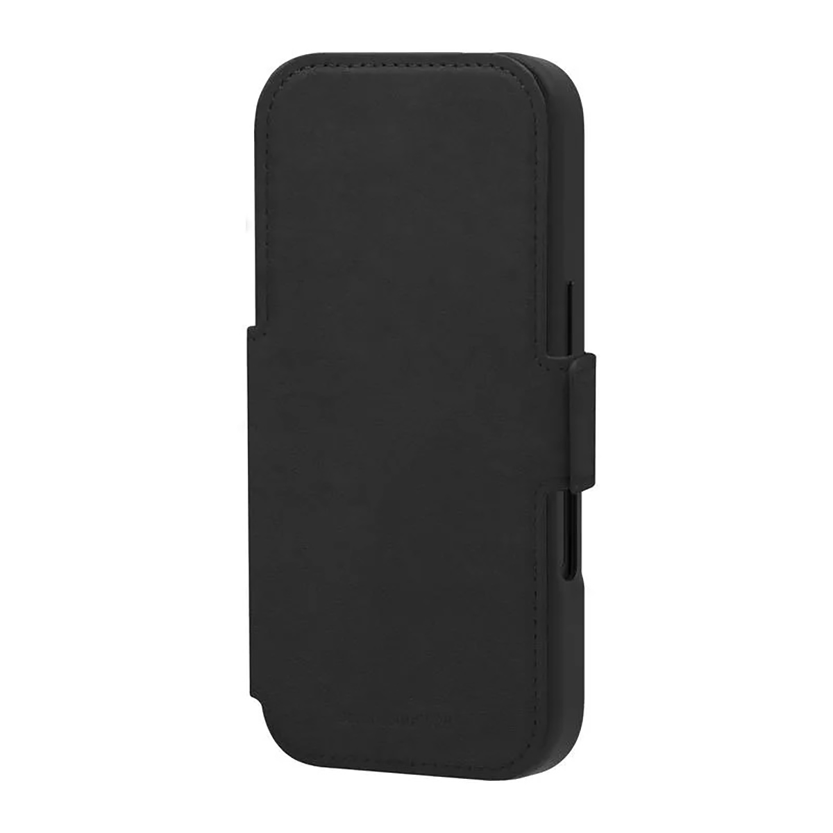 Una custodia per telefono in pelle nera, alta e rettangolare, con una clip per cintura sul lato e cuciture sui bordi.