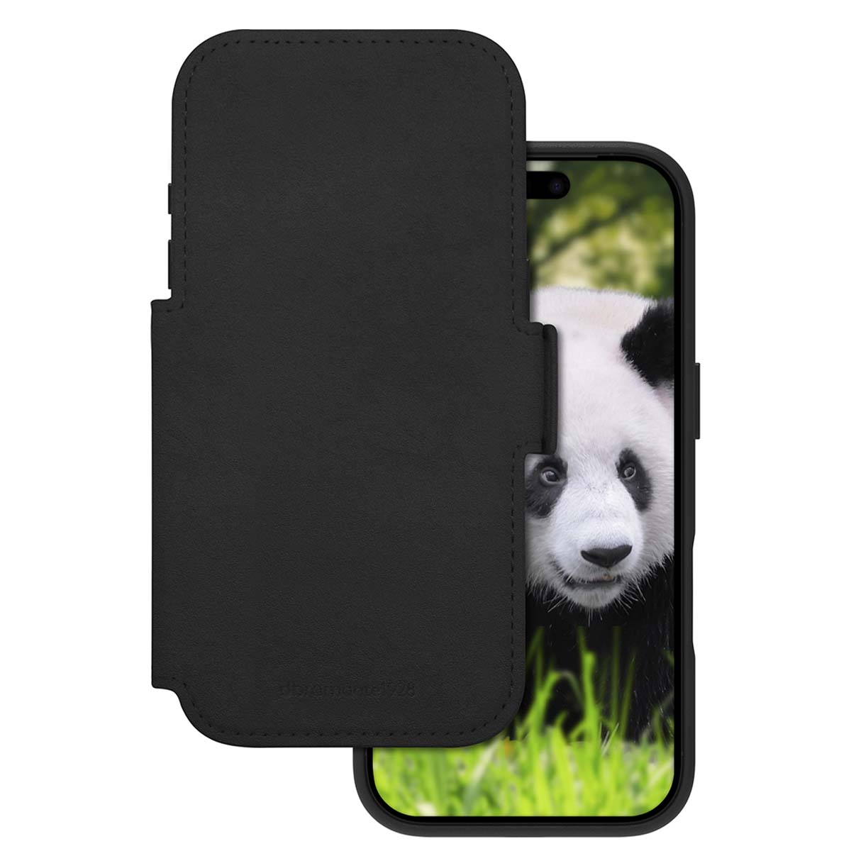 Una custodia nera per telefono aperta, che mostra uno schermo con un panda nell'erba verde. La custodia ha un bordo cucito e un logo.