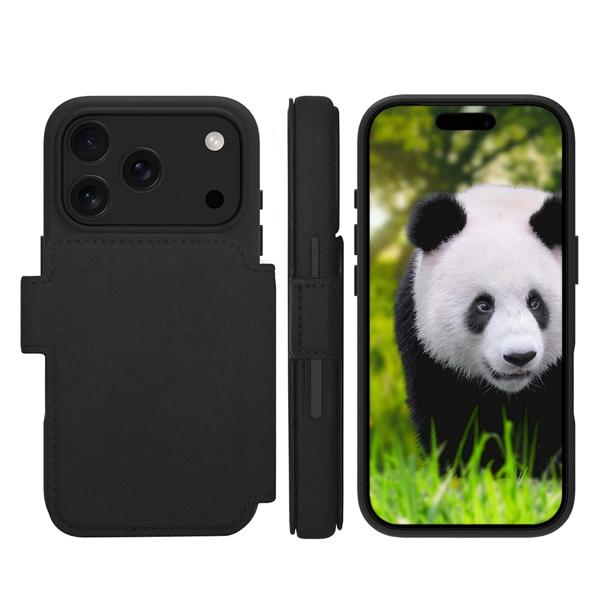 Custodia nera per telefono con immagine di panda sullo schermo. La custodia è mostrata da diverse angolazioni.
