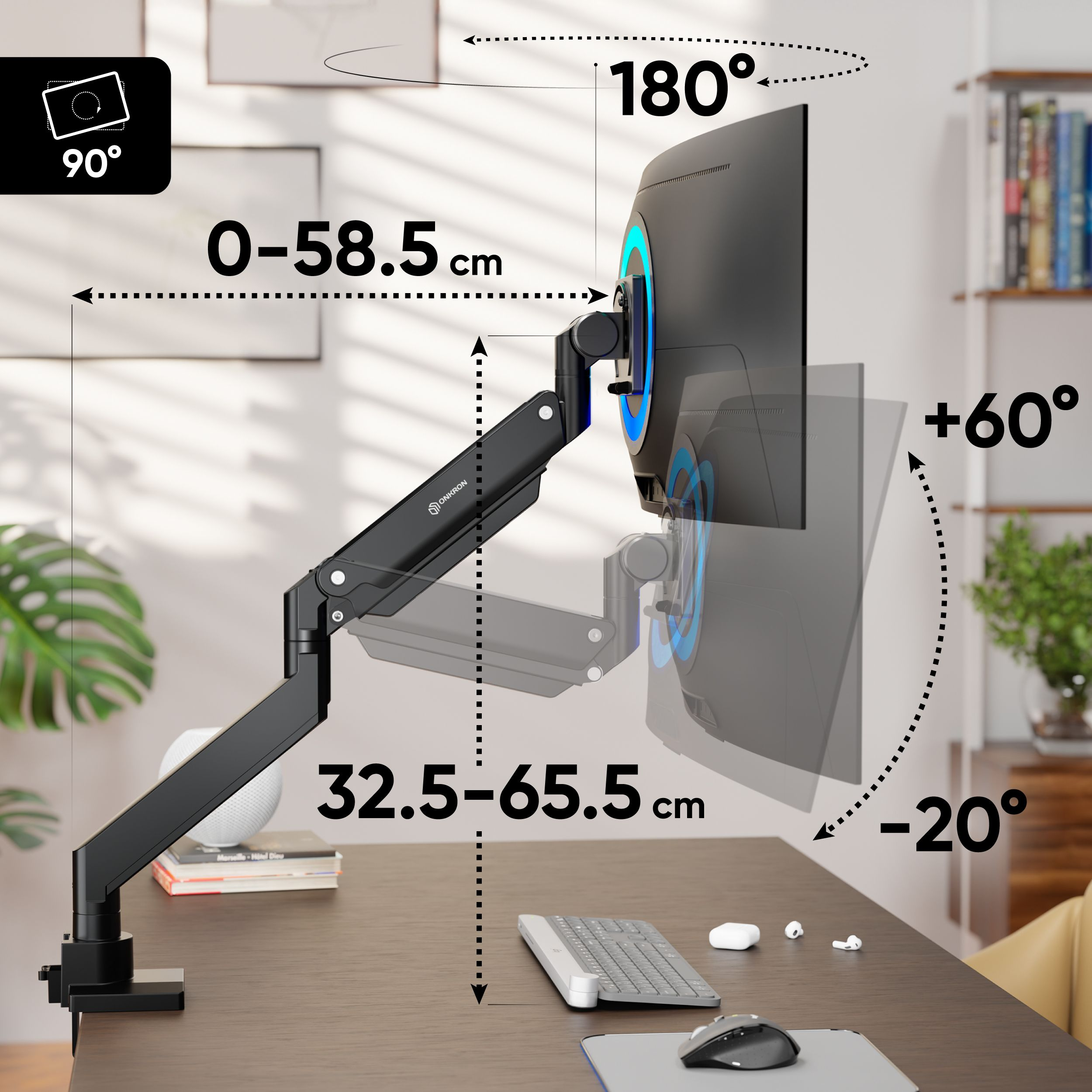 Ramię monitora z wymiarami, akcesoria komputerowe na biurku. Biała ściana i krzesło w tle.