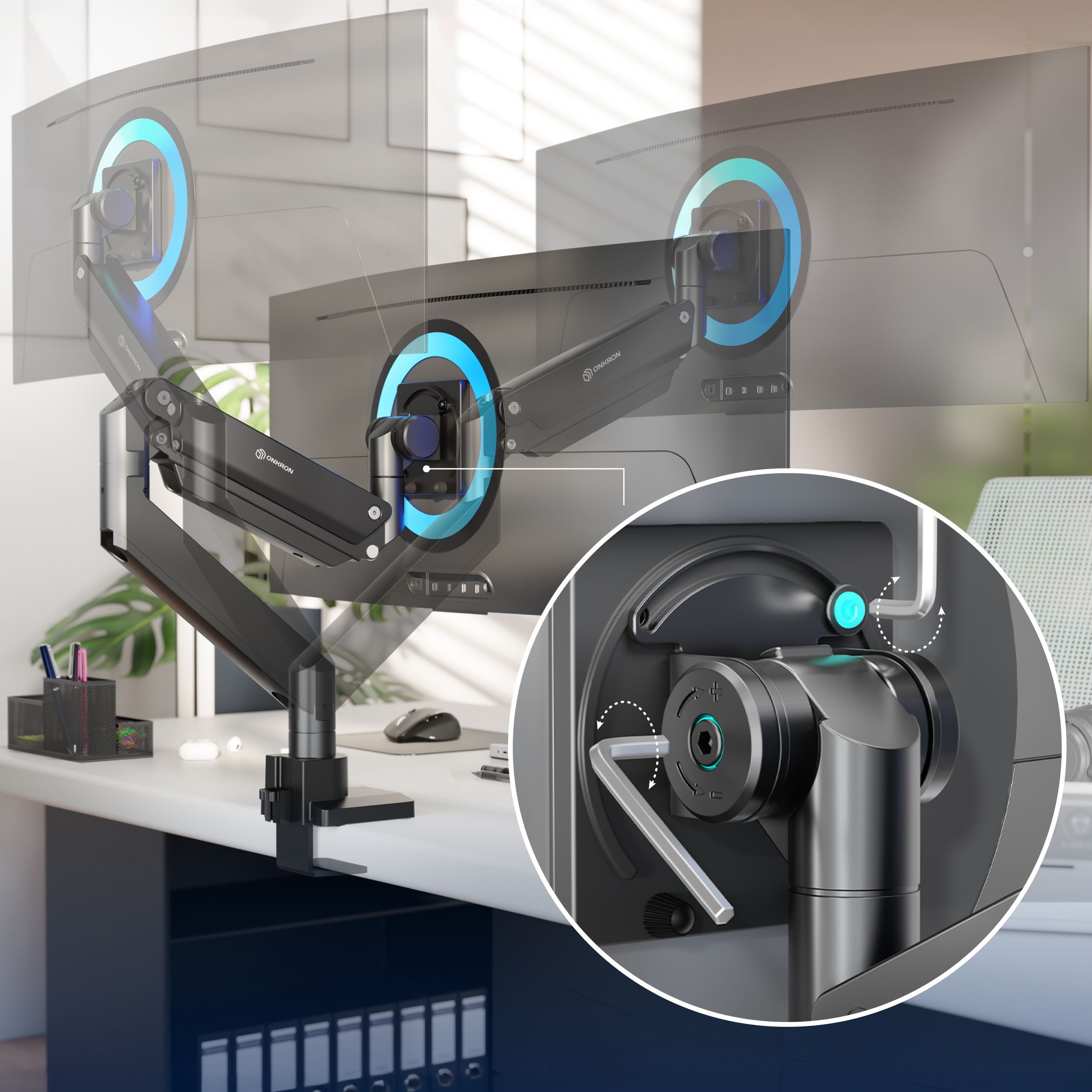 Konfiguracja ramienia do dwóch monitorów. Dwa zakrzywione monitory z niebieskimi akcentami. Zbliżenie mechanizmu.