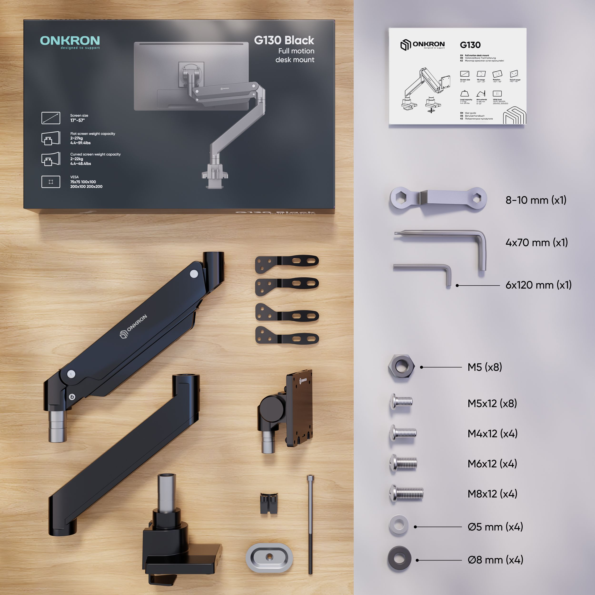 Zestaw do montażu na biurku: czarne ramię, podstawa montażowa, śruby, narzędzia i pudełko produktu na drewnie.