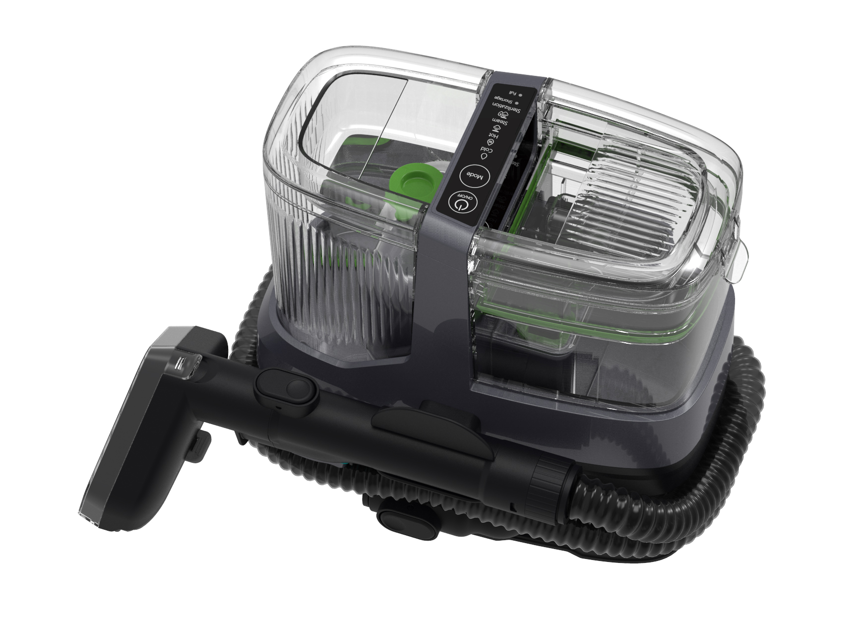 Ein tragbarer Dampfreiniger mit transparentem Wassertank, schwarzem Griff und grauem Gehäuse. Er hat Modusoptionen und einen Ein-/Ausschalter.