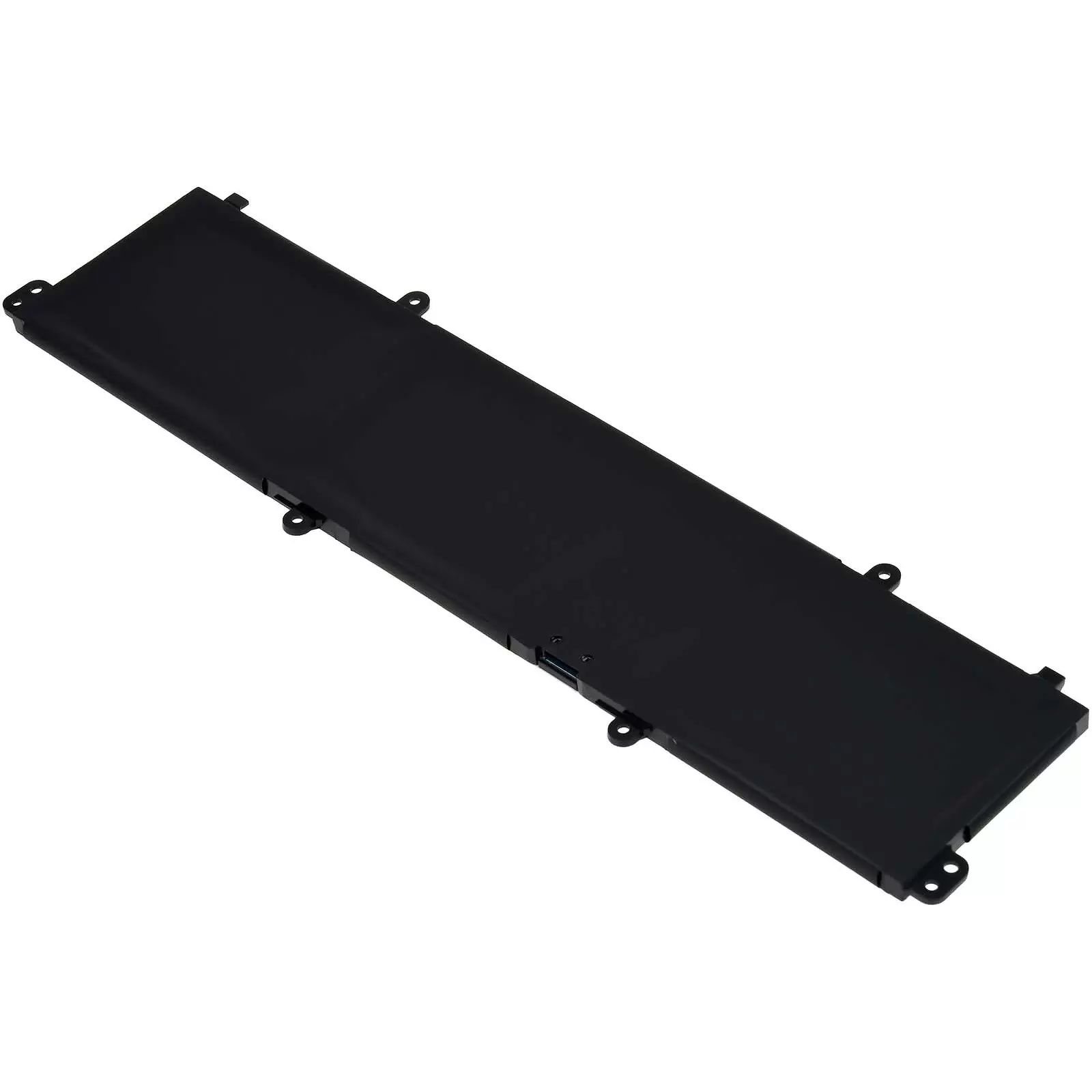 Ein schwarzer Laptop-Akku ist in einem Winkel vor weißem Hintergrund zu sehen.