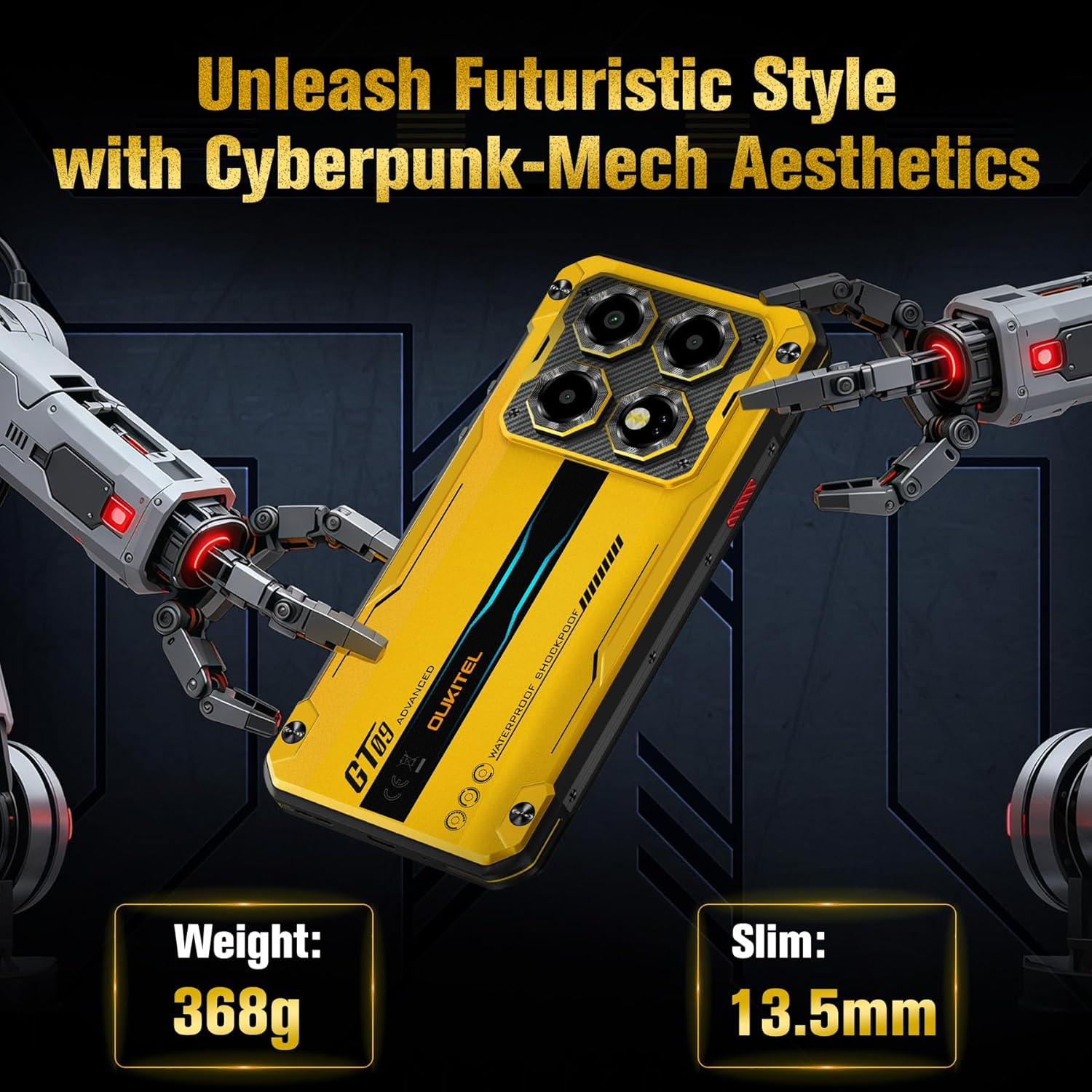 Ein gelbes Telefon mit futuristischem Design wird von Roboterarmen gehalten. Es hat den Text 'Unleash Futuristic Style' und 'Weight: 368g, Slim: 13.5mm'.