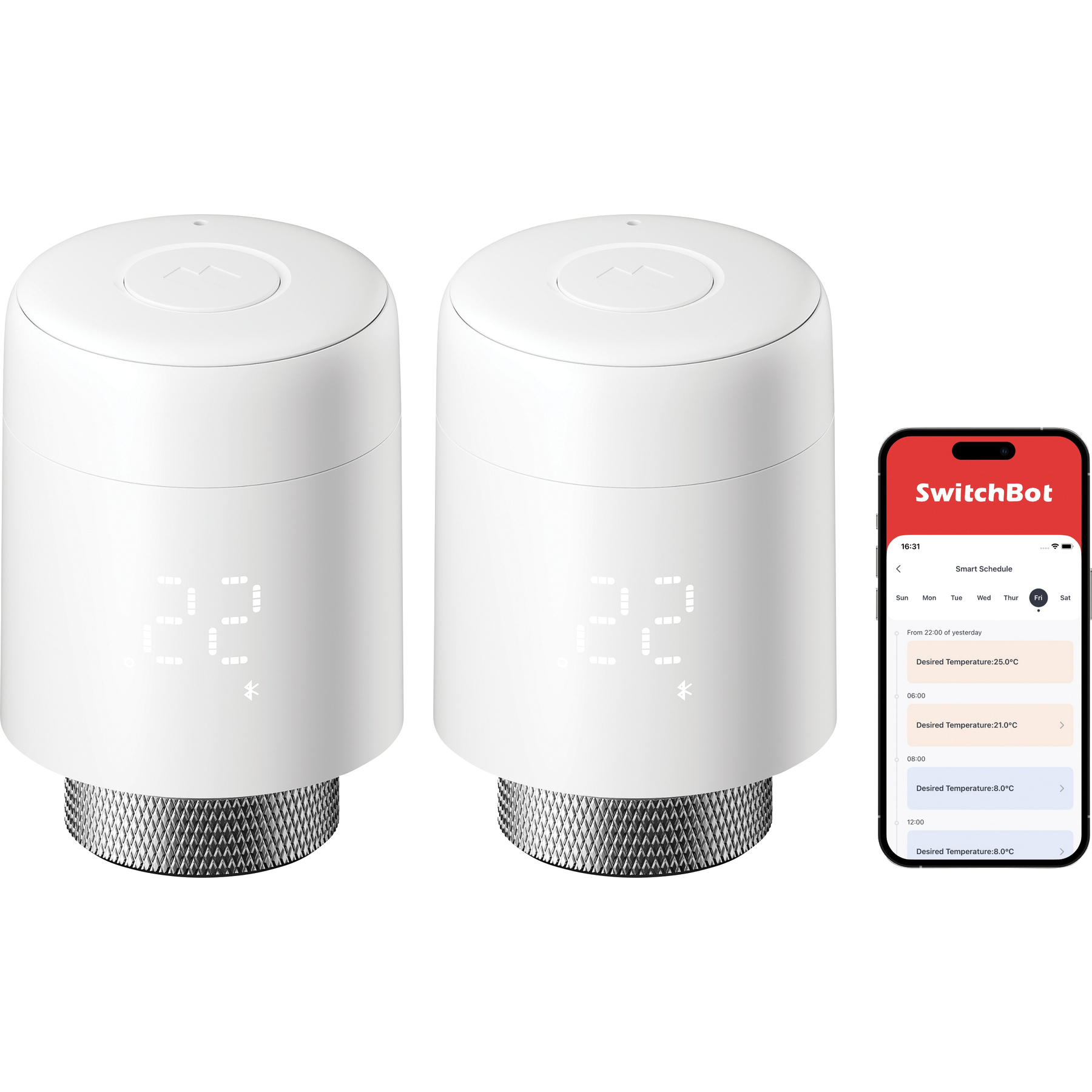 Zwei weiße intelligente Thermostate mit Anzeige 22, neben einem Smartphone, das einen Zeitplan anzeigt.