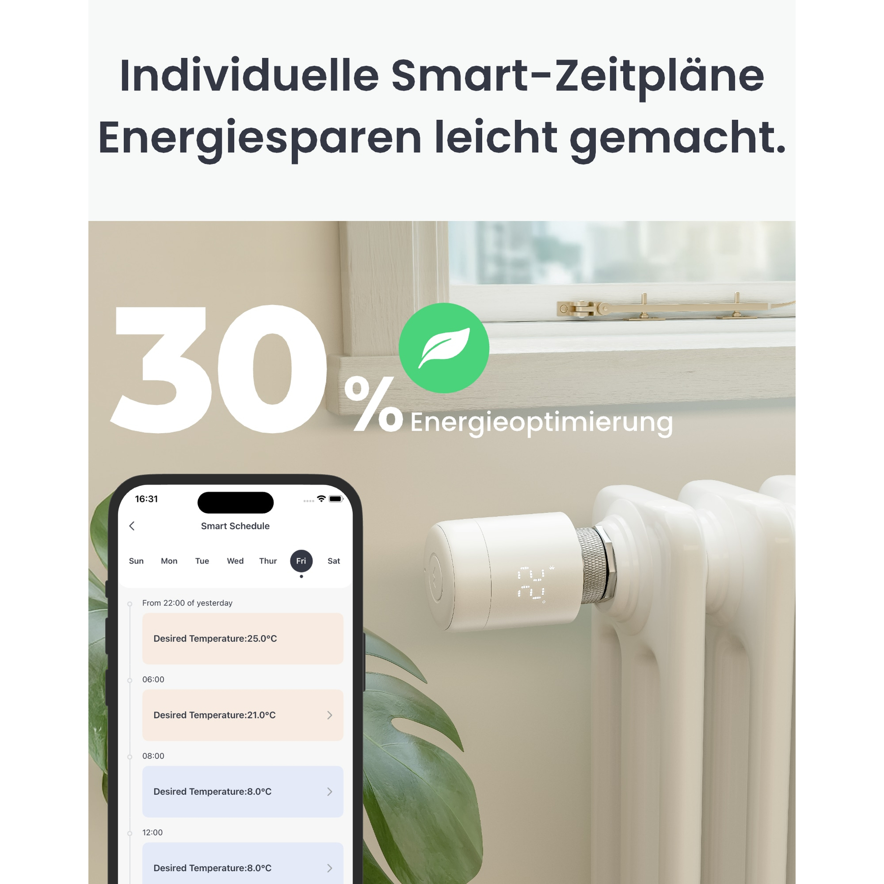 Das Bild zeigt ein Smart-Thermostat an einem Heizkörper mit einem Telefon, das einen intelligenten Zeitplan anzeigt.