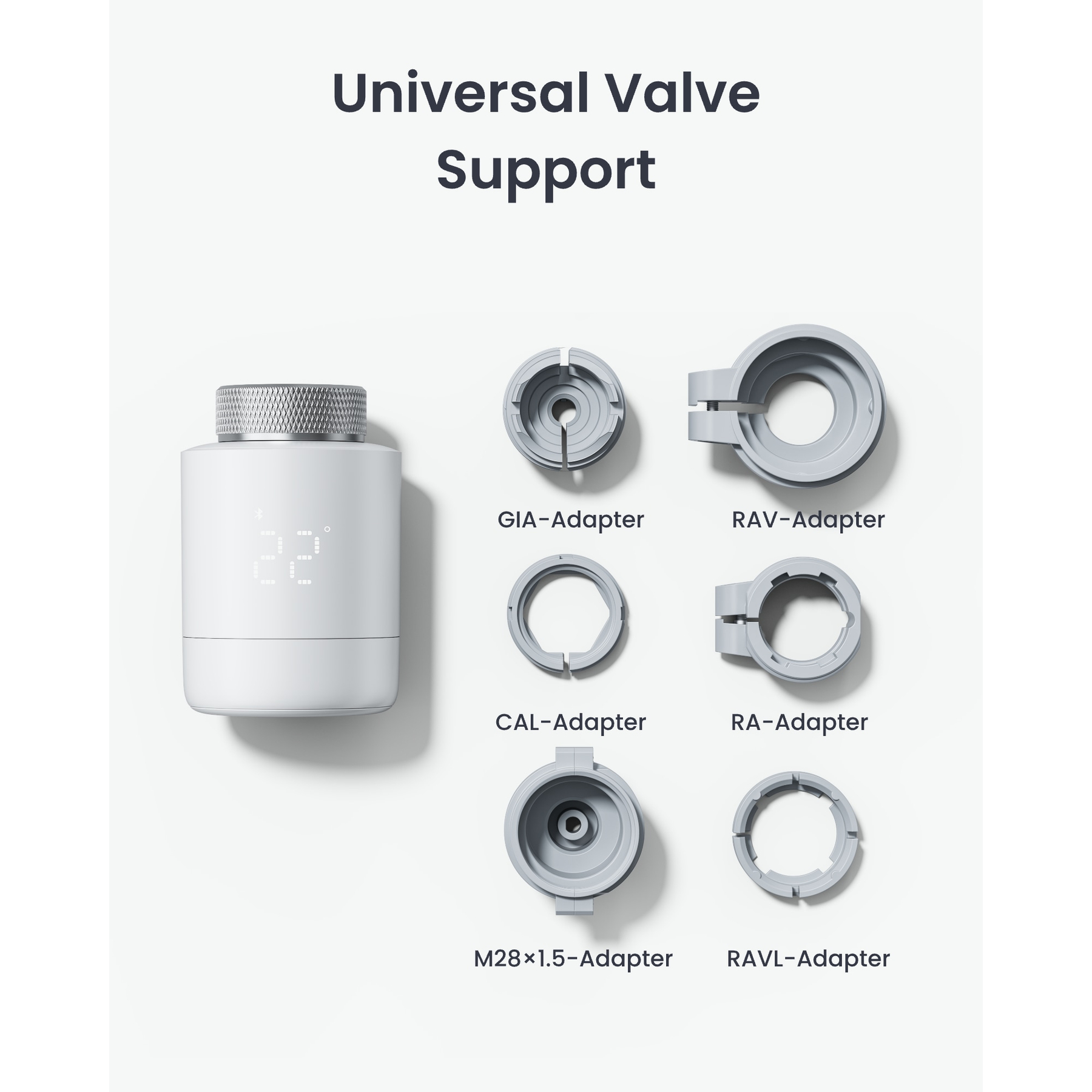 Das Bild zeigt ein weißes Thermostat und mehrere graue Adapter zur universellen Ventilunterstützung. Text zeigt Adaptertypen.