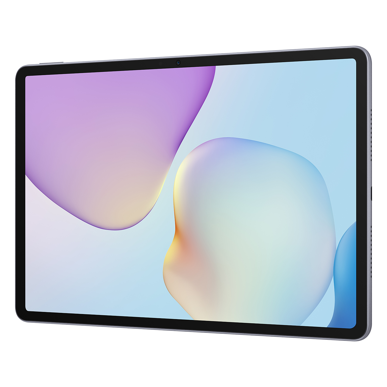 Tablet z czarną ramką i ekranem wyświetlającym abstrakcyjne kształty w kolorze fioletowym, niebieskim i żółtym na białym tle.