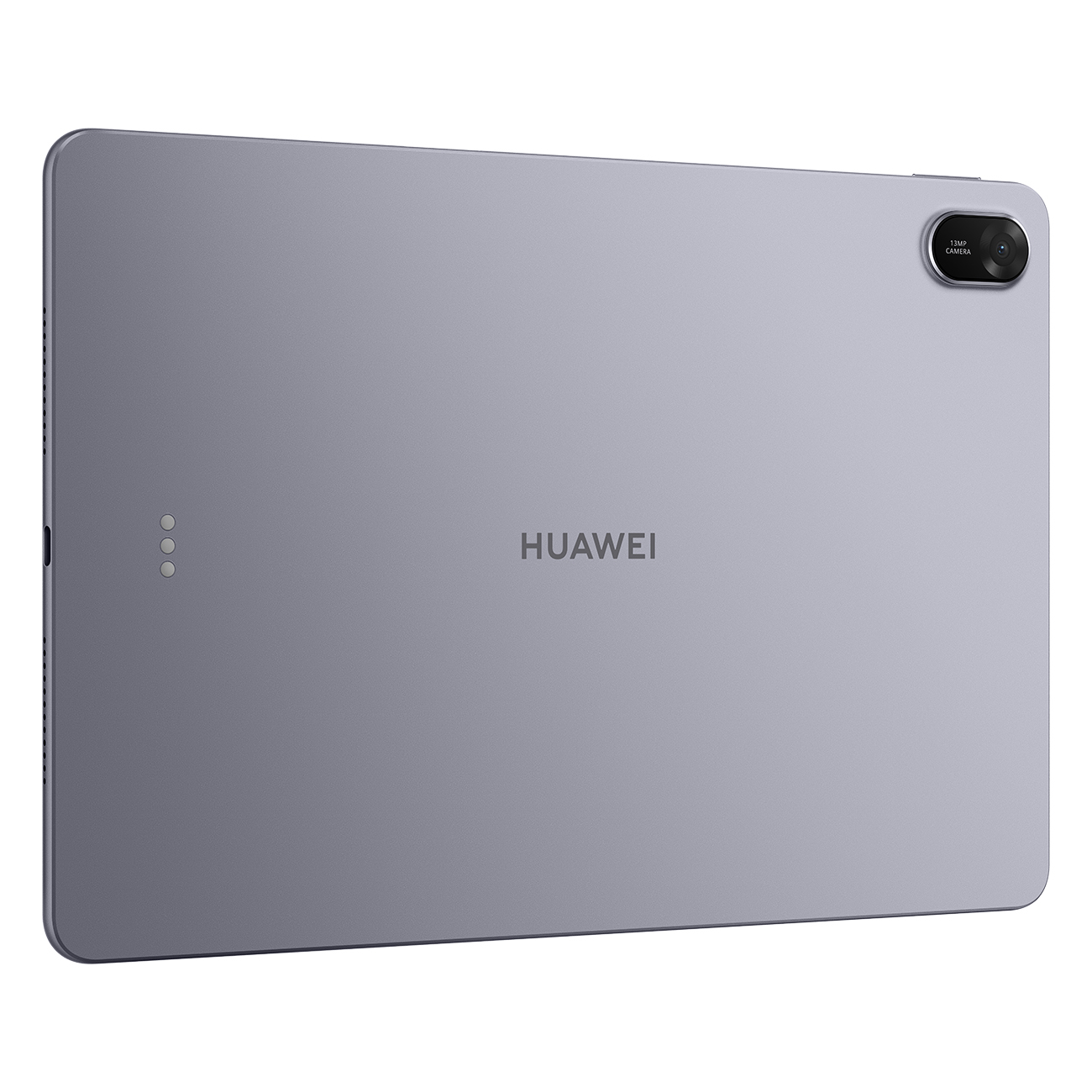 Graues Huawei-Tablet, Rückansicht. Es hat eine Kamera, ein Logo und eine Seite mit drei Kreisen.