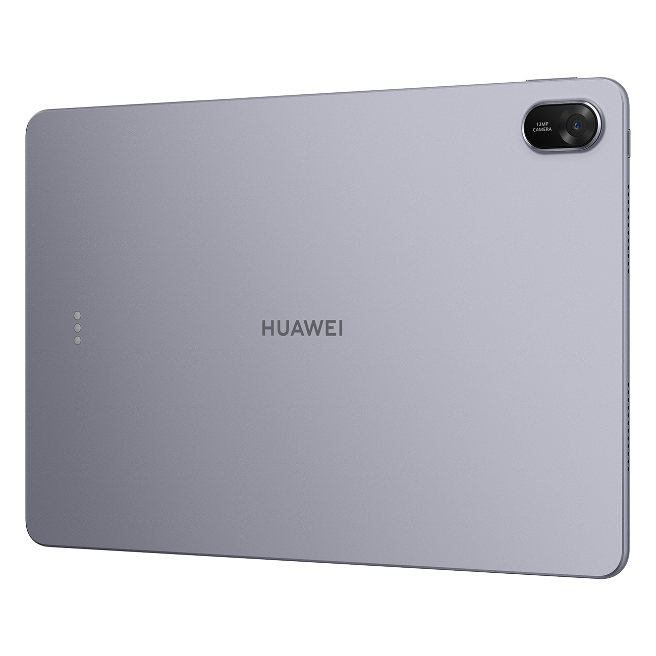 Die Rückseite eines grauen Huawei-Tablets wird gezeigt. Das Huawei-Logo ist sichtbar, mit einer Kamera und einem Blitz. Drei kleine Kreise sind links.