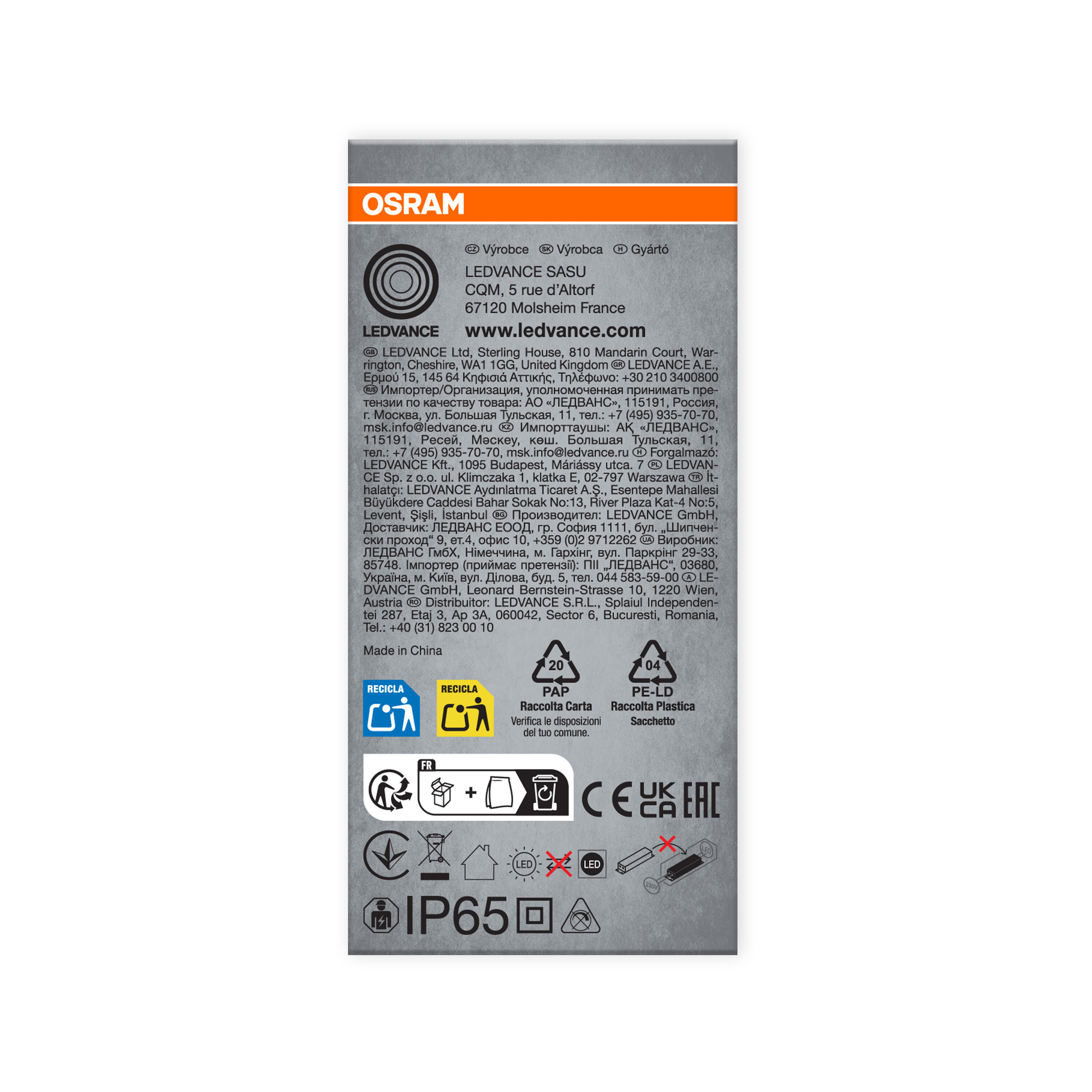 Ein Produktetikett von OSRAM mit Text und Recyclingsymbolen, IP65- und CE-Kennzeichen.