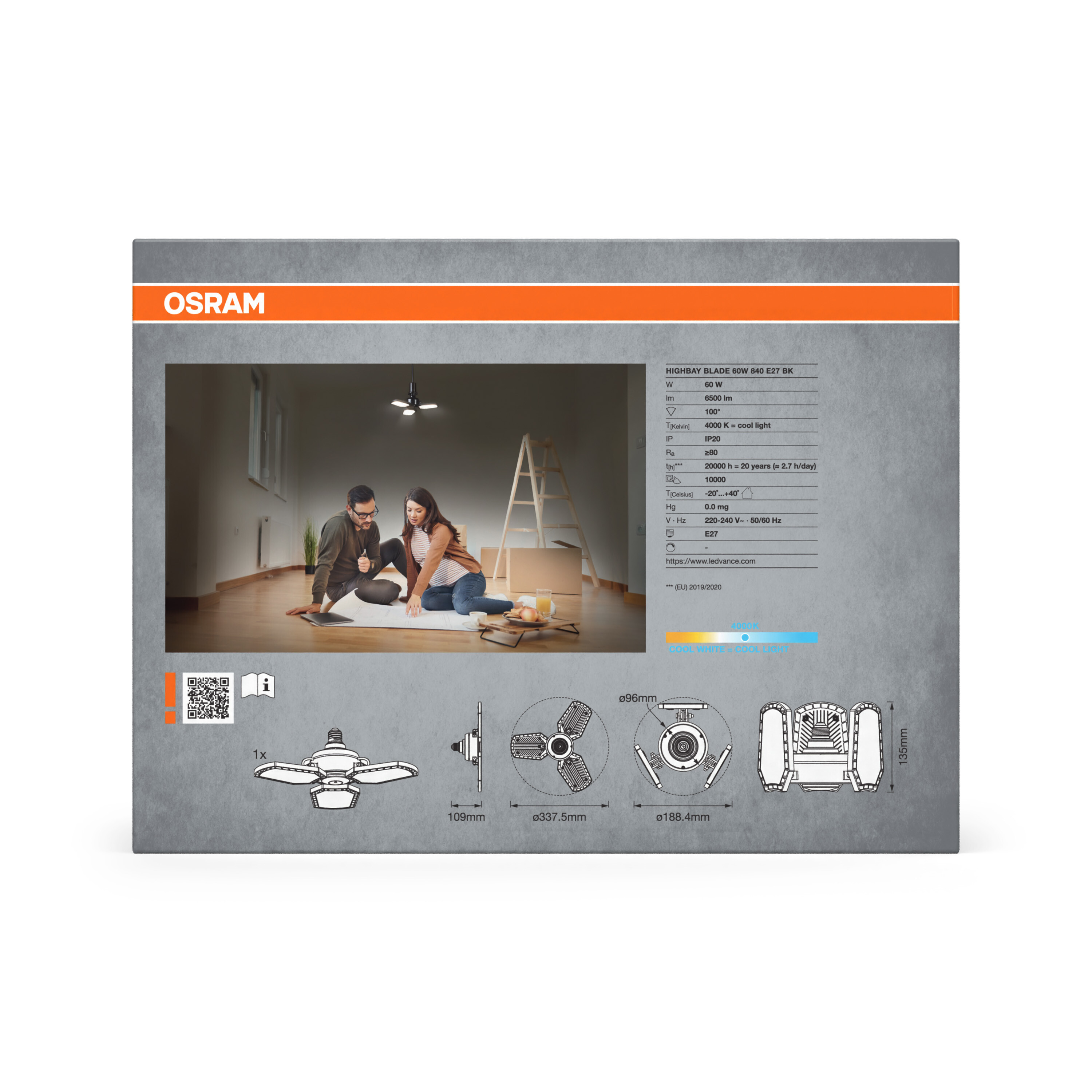 OSRAM Produktbild. Ein Paar untersucht einen Bauplan. Spezifikationen und Produktdiagramme werden angezeigt.