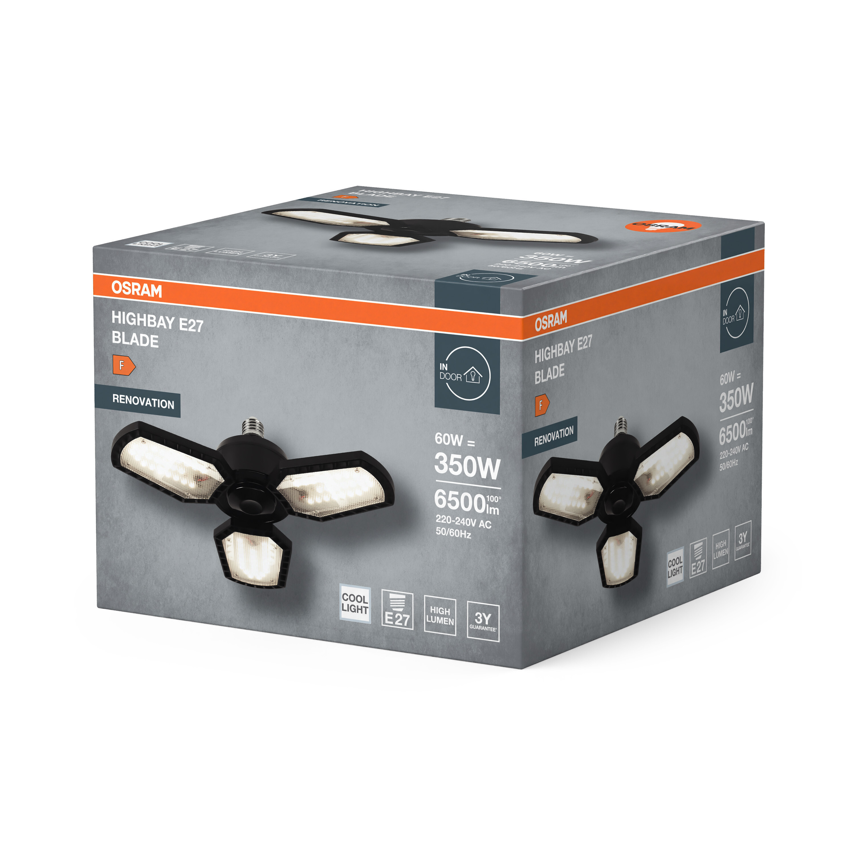 Eine Schachtel mit einer OSRAM Highbay E27 Blade Leuchte. Die Leuchte ist schwarz mit drei Paneelen. Die Schachtel ist grau.